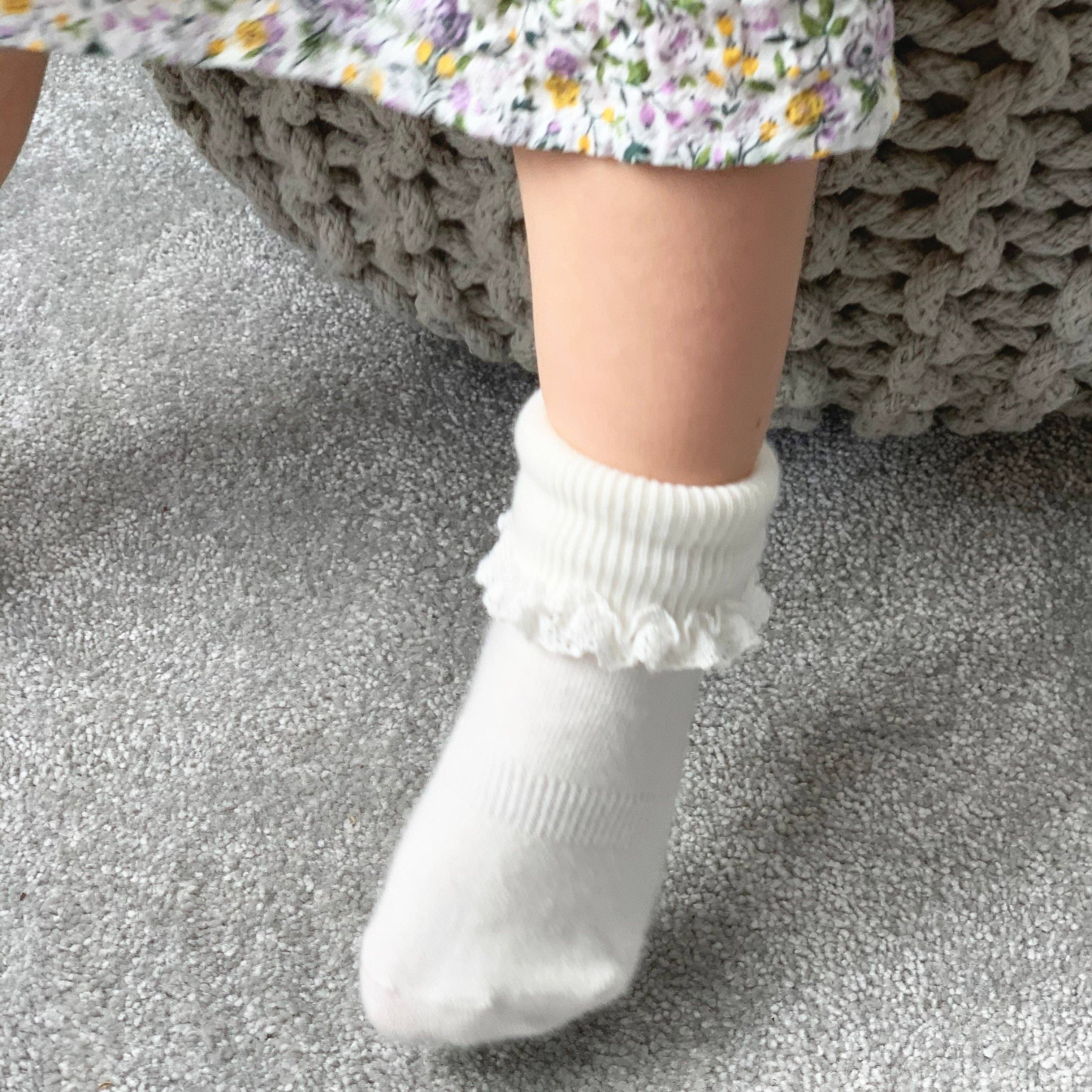 Frilly Non-Slip Stay-On Baby and Toddler Socks || Pearl White