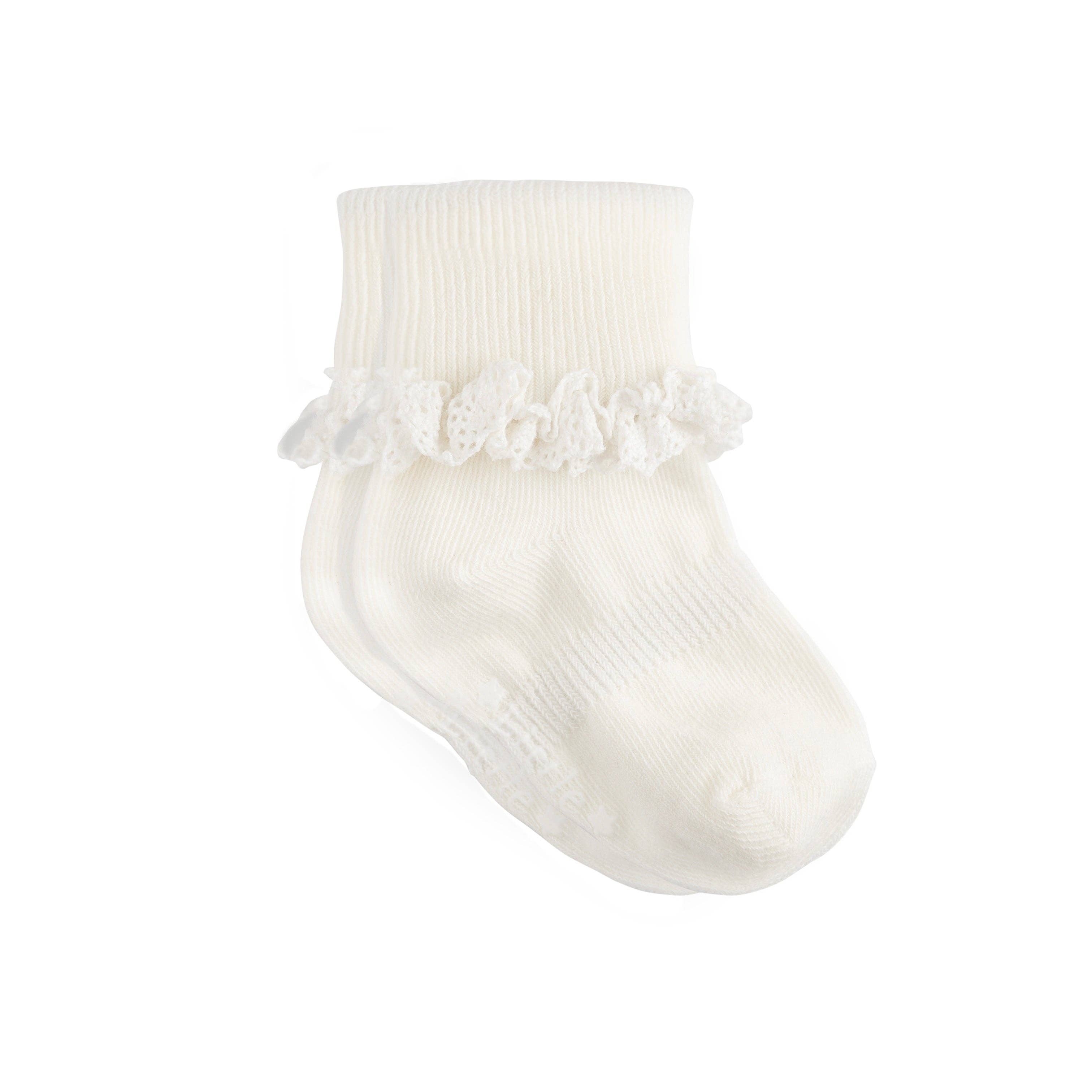 Frilly Non-Slip Stay-On Baby and Toddler Socks || Pearl White