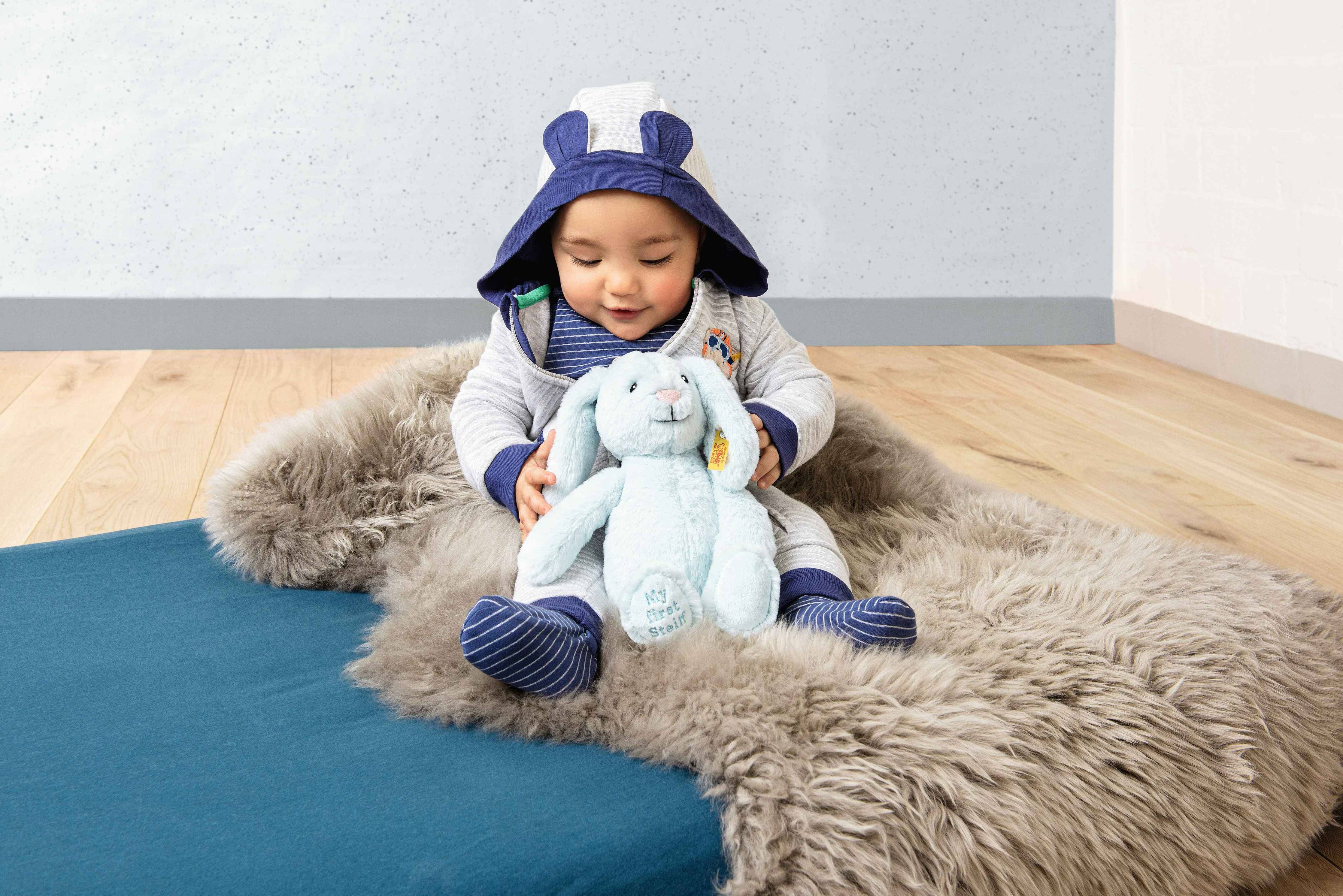 My First Steiff Hoppie Rabbit Blue Baby Toy, 10 Inches
