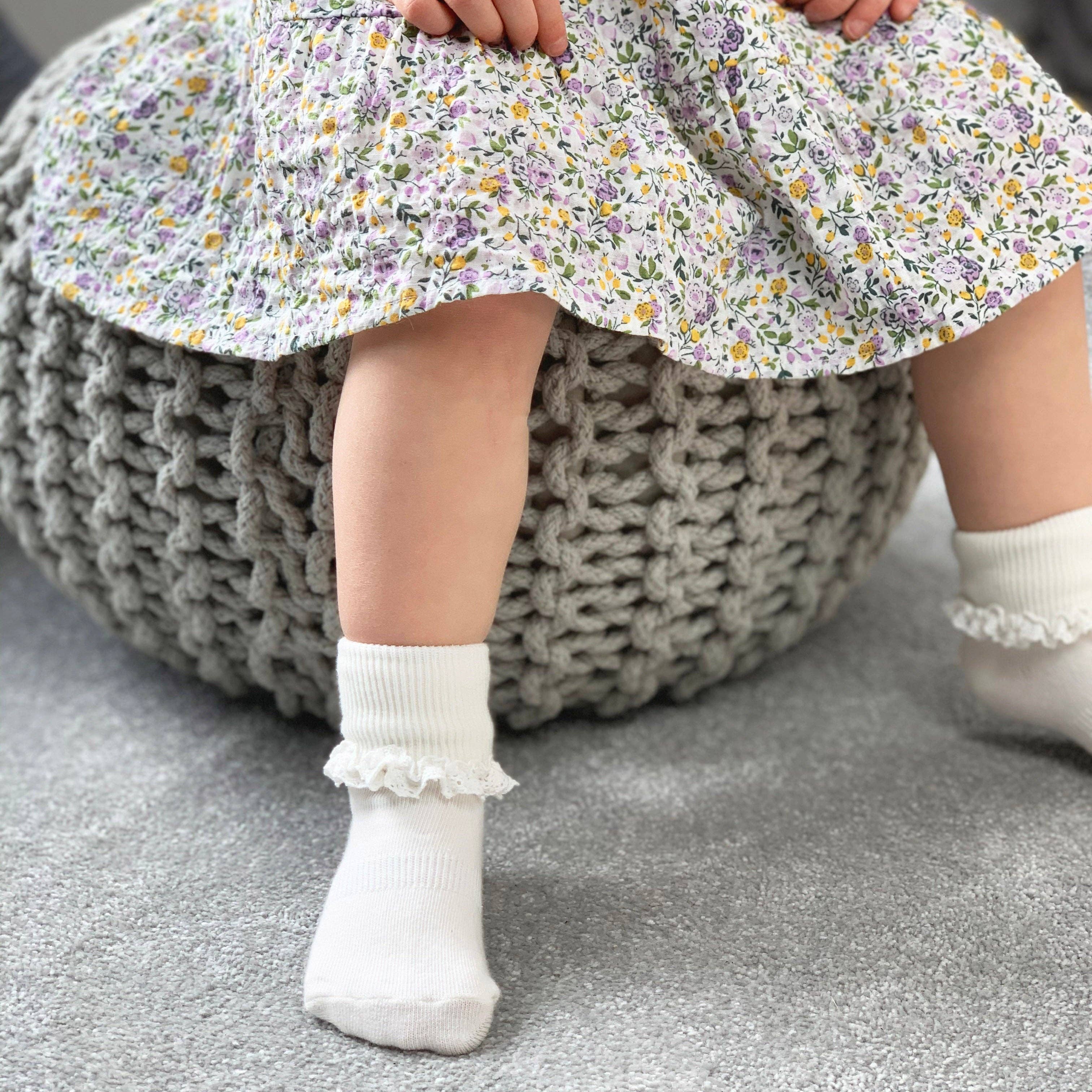 Frilly Non-Slip Stay-On Baby and Toddler Socks || Pearl White