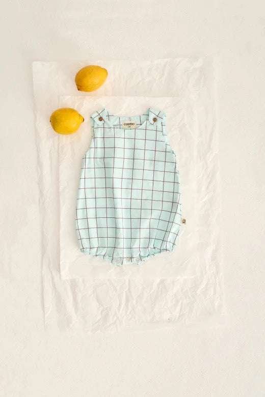 Slub Plaid Baby Romper || Aqua