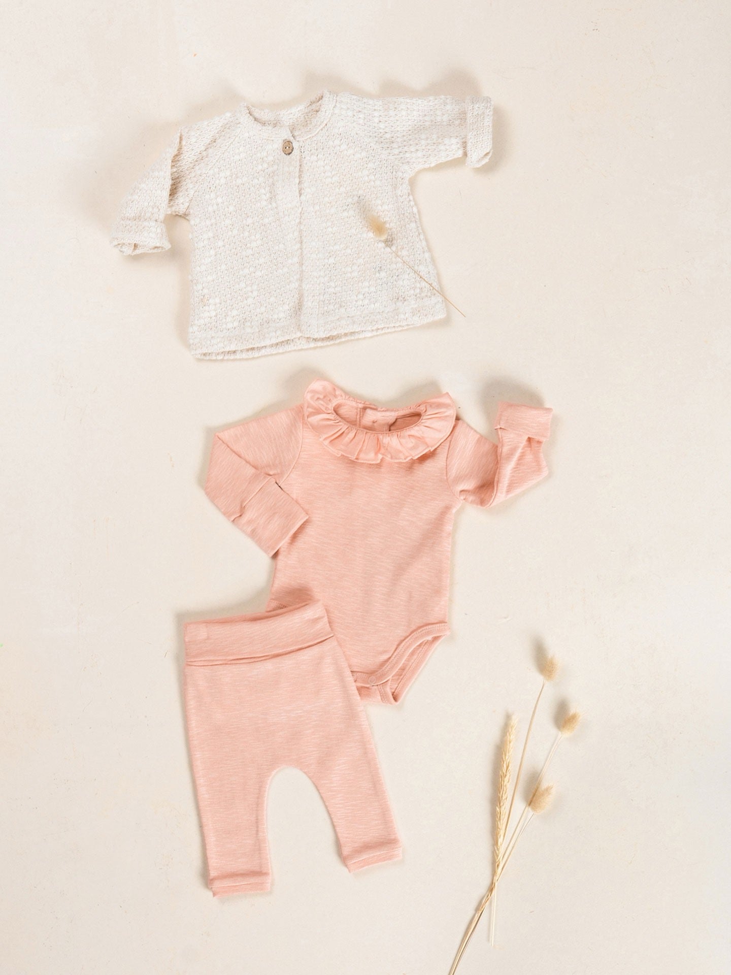 Play Up Cotton Bodysuit, Pants and Top Knot Hat Set || Salmon
