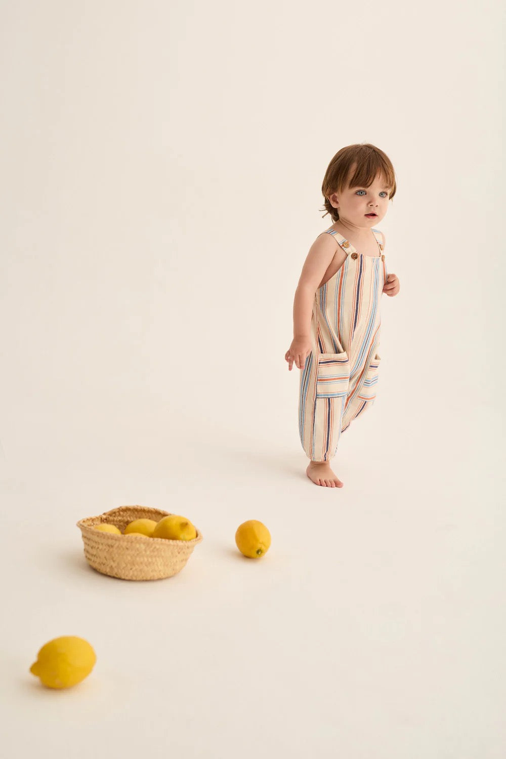 Striped Cotton Baby Overalls || Ivory