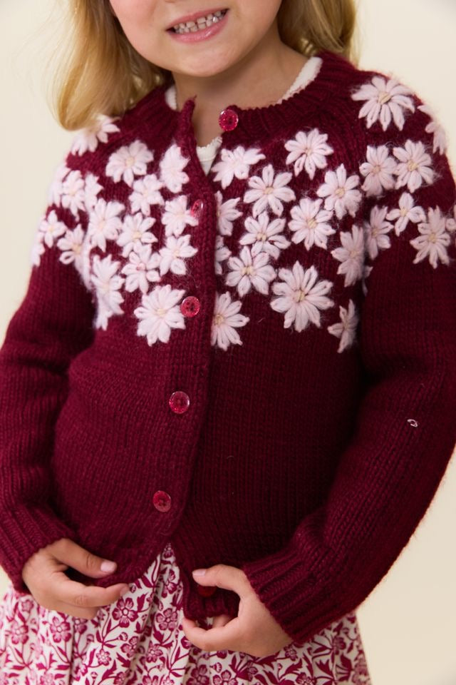 Pink Chicken Knit Embroidered Cardigan || Burgundy