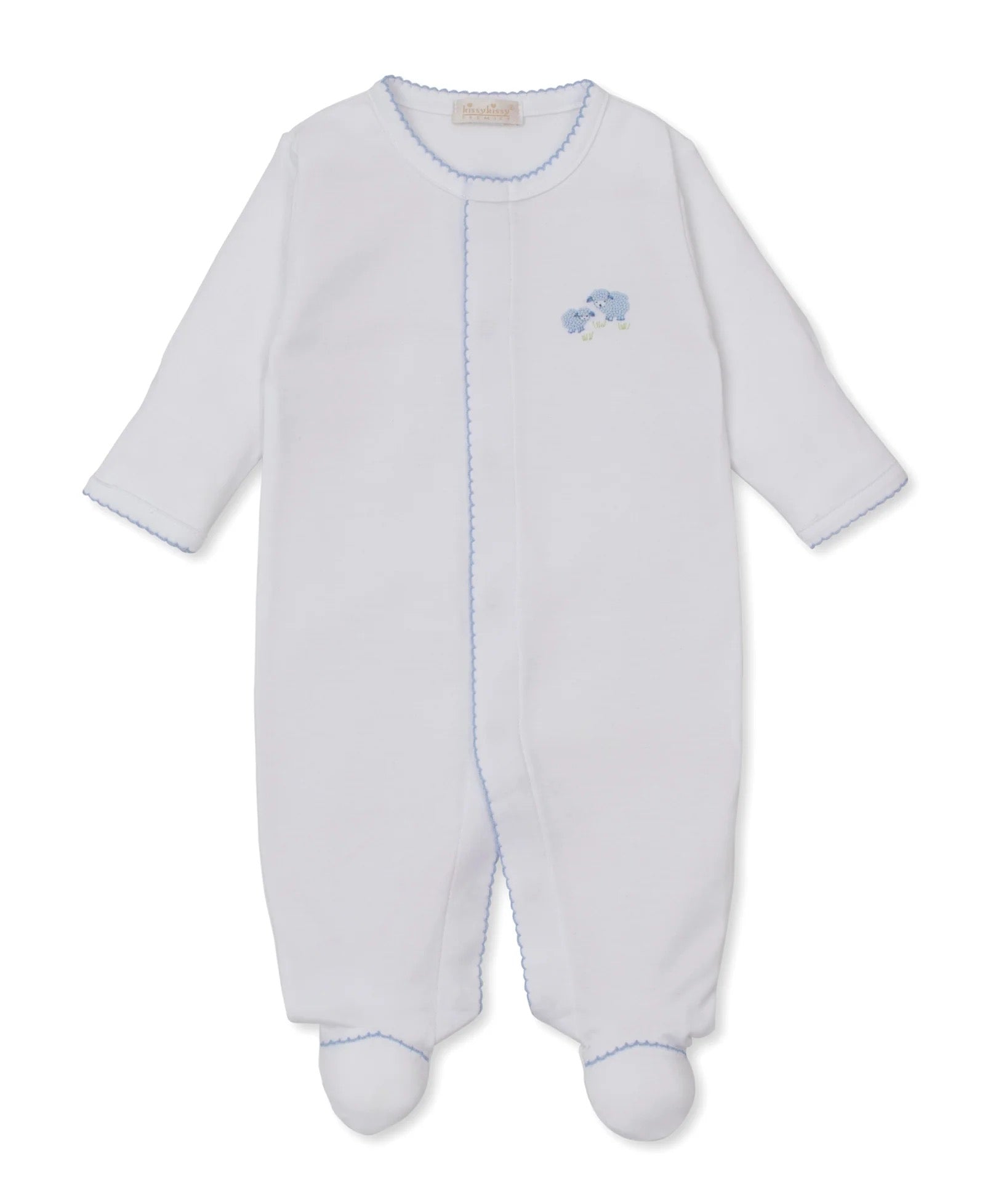 Kissy Kissy Hand Embroidered Footed Pant Set || Blue/White