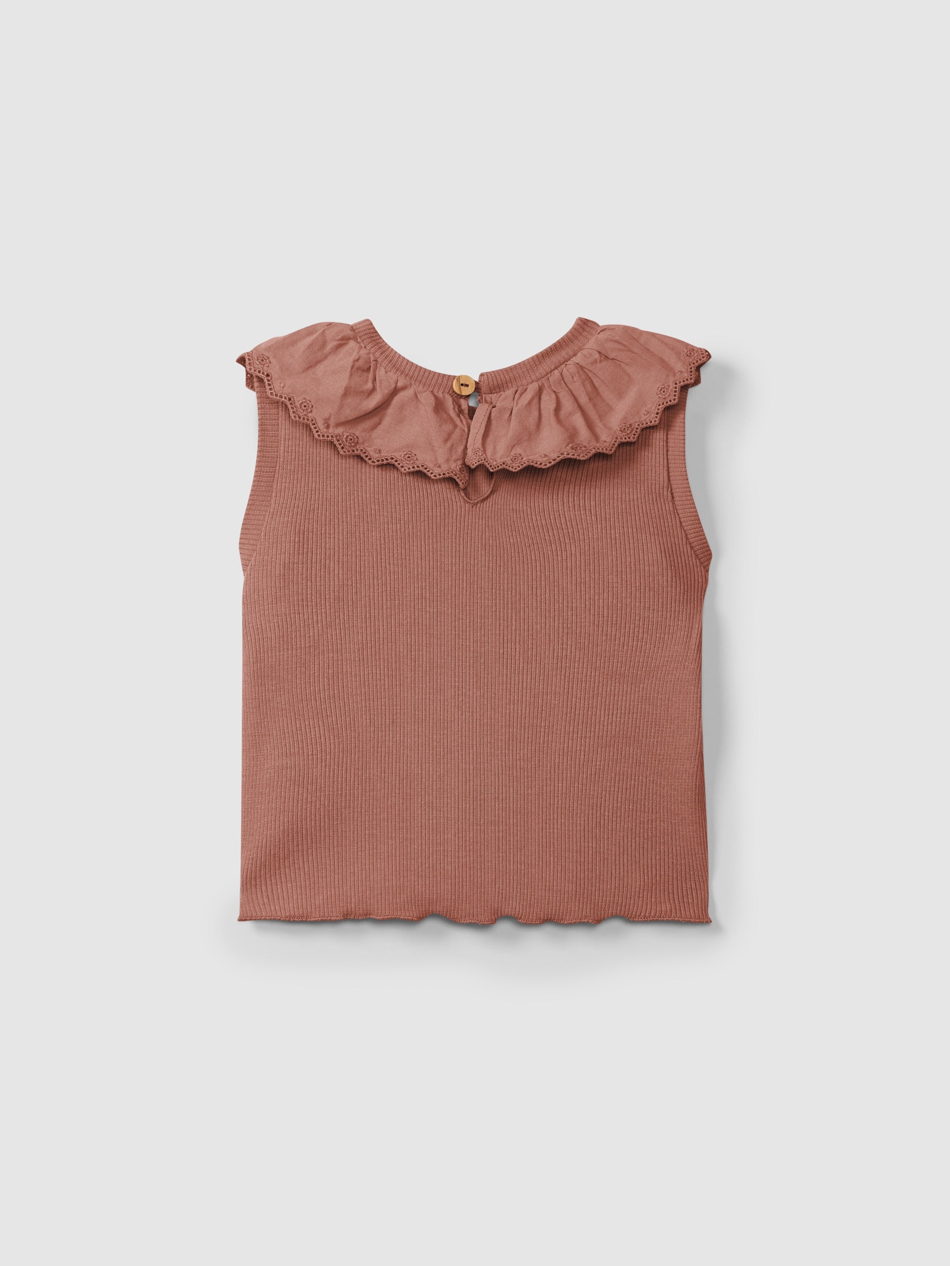 Snug Ribbed Jersey Top with Embroidered Collar || Terracotta