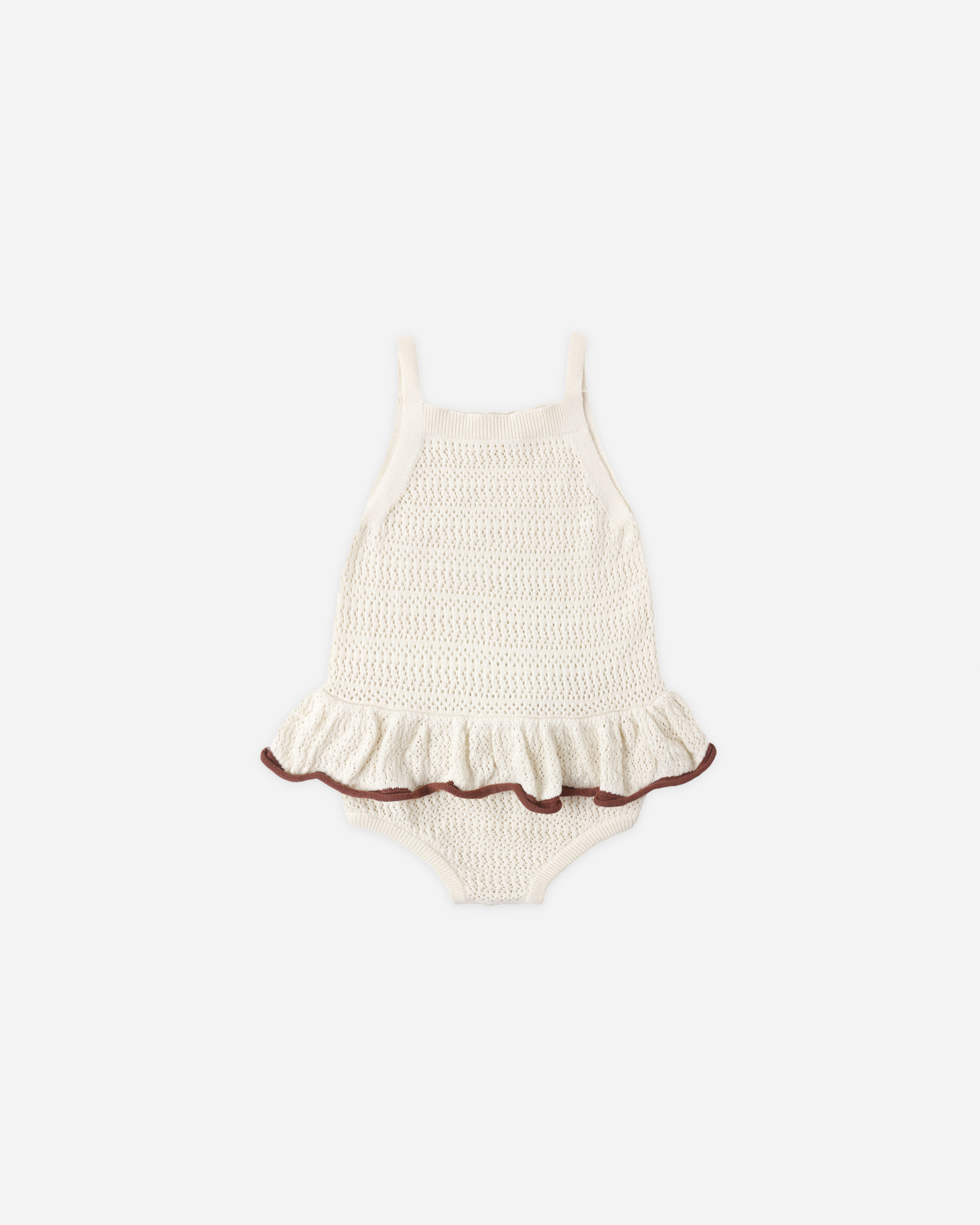 Rylee + Cru Crochet Ruffle Romper || Natural