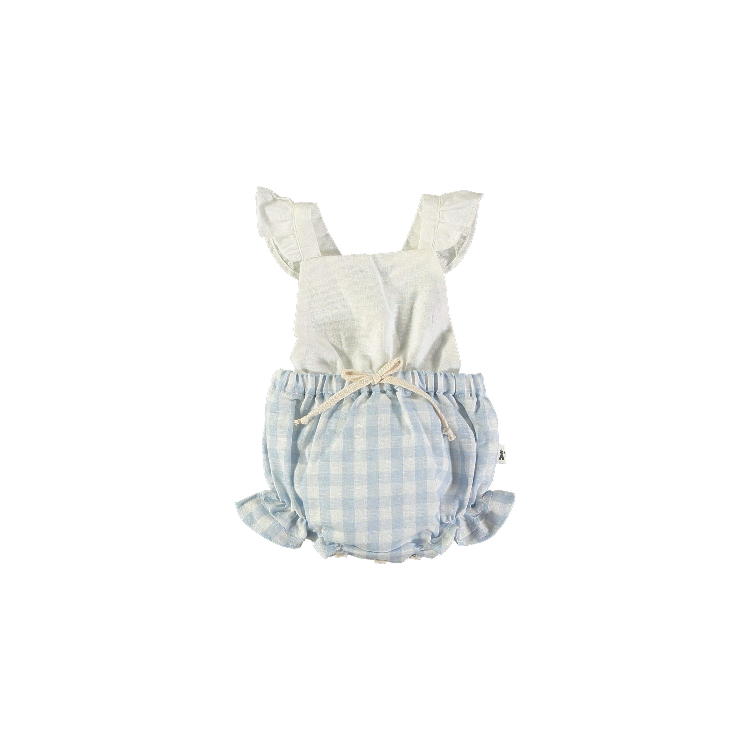 Petit Indi Baby Girl Blue Check Bubble Romper with Waist Tie