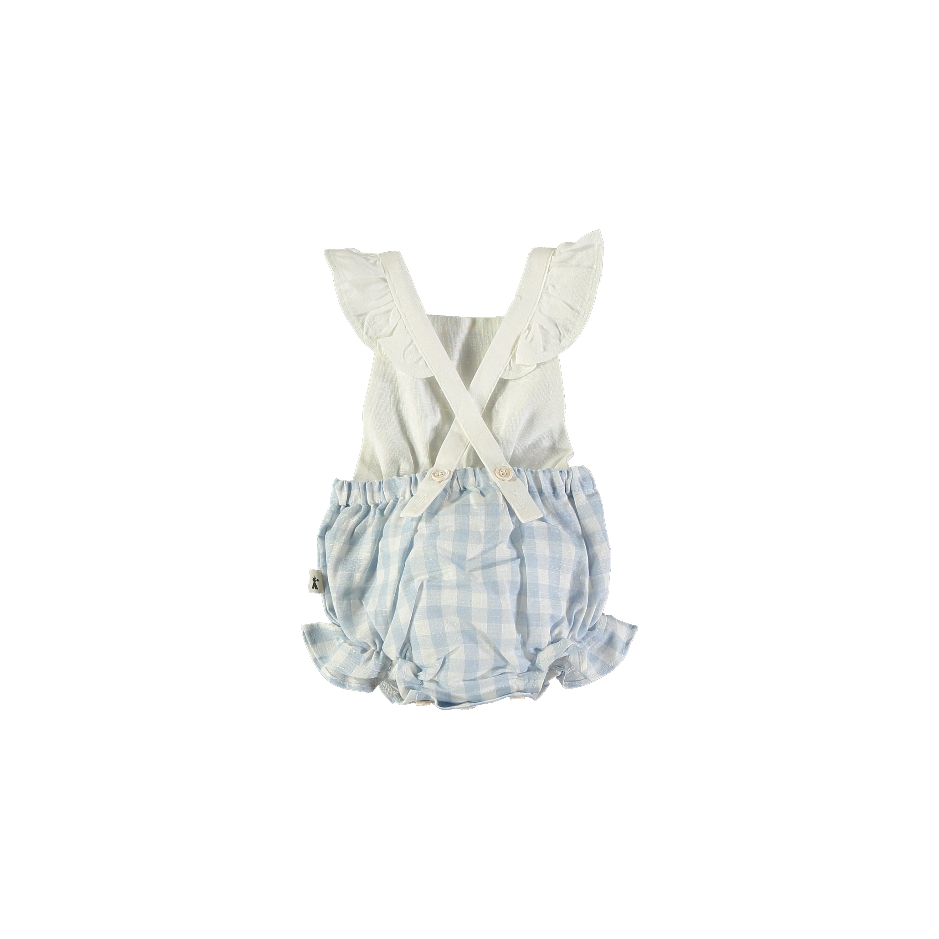 Petit Indi Baby Girl Blue Check Bubble Romper with Waist Tie