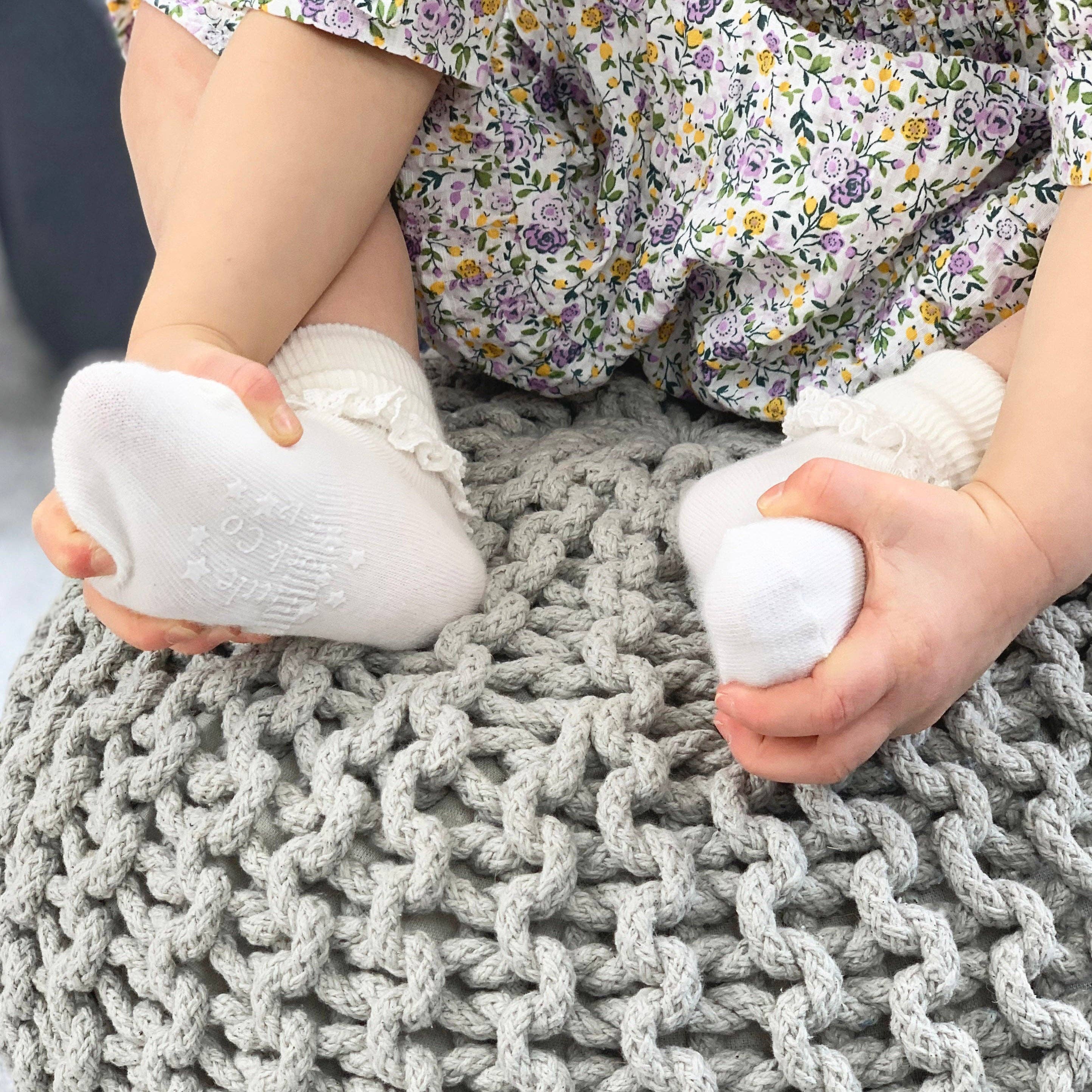 Frilly Non-Slip Stay-On Baby and Toddler Socks || Pearl White