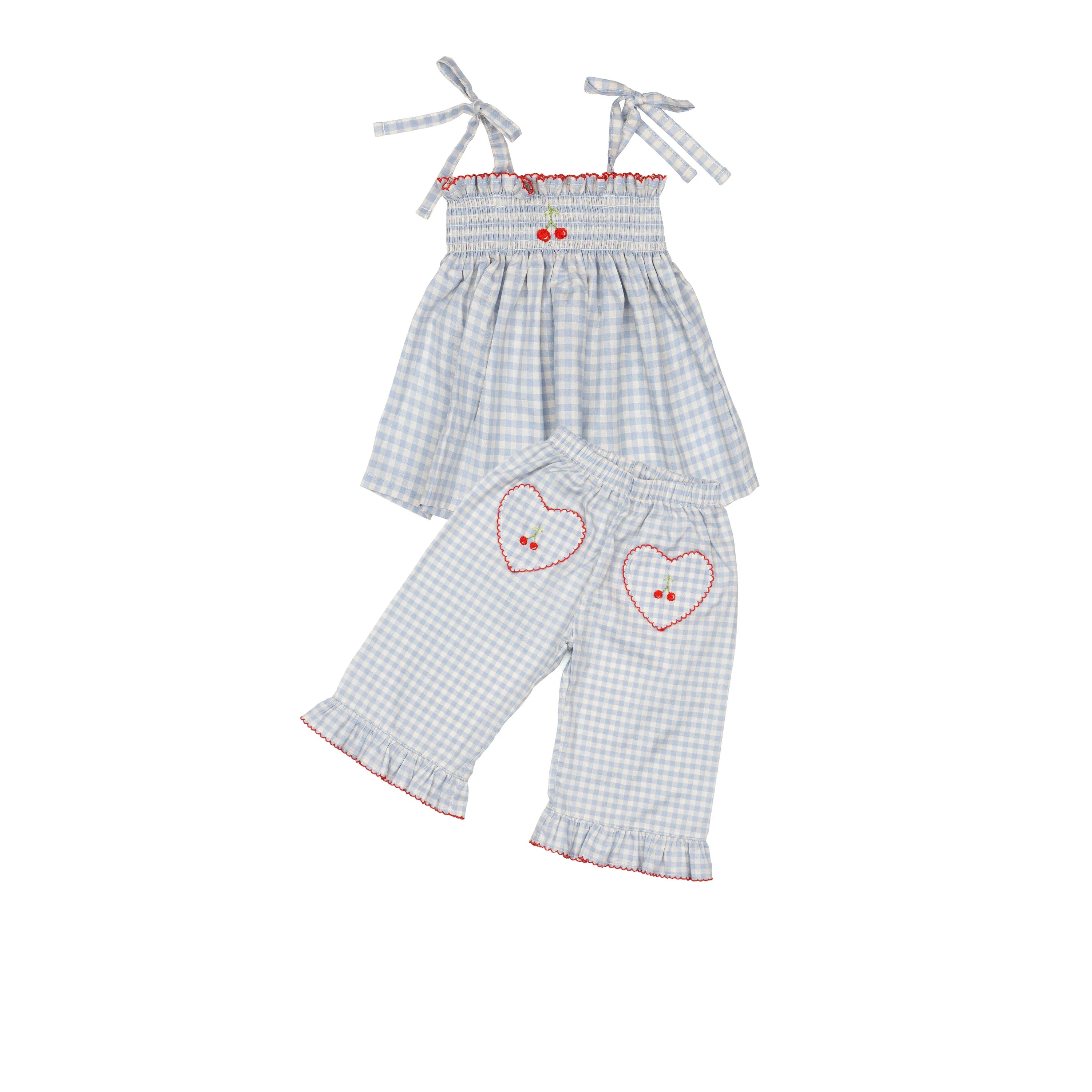 Wild Wawa Ruffle Pant Set || Blue Gingham/Cherry
