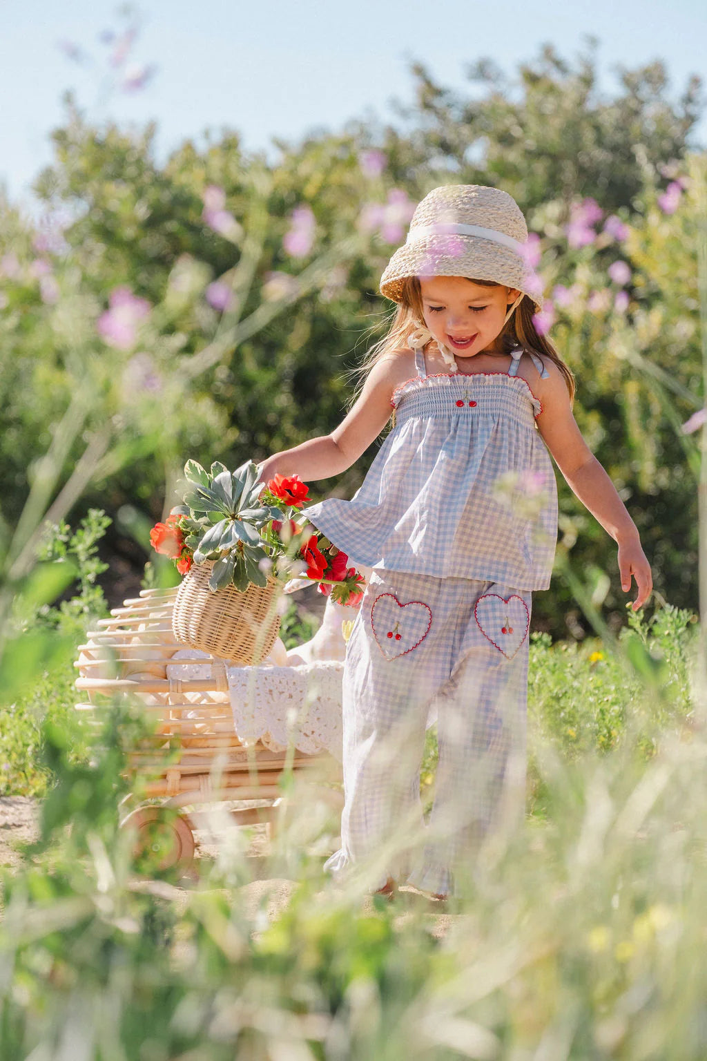 Wild Wawa Ruffle Pant Set || Blue Gingham/Cherry