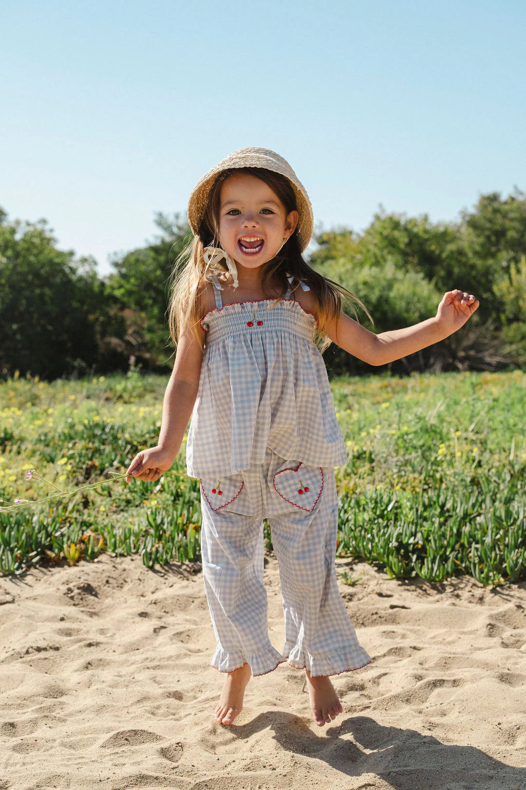 Wild Wawa Ruffle Pant Set || Blue Gingham/Cherry