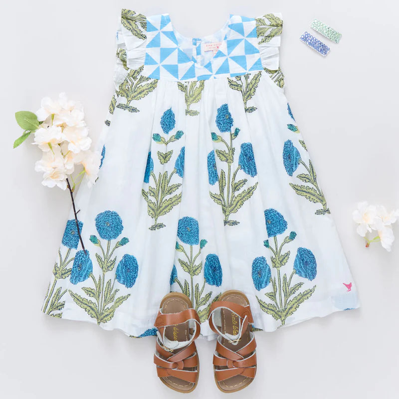 Girls Courtney Dress - Blue Oversized Dandelion