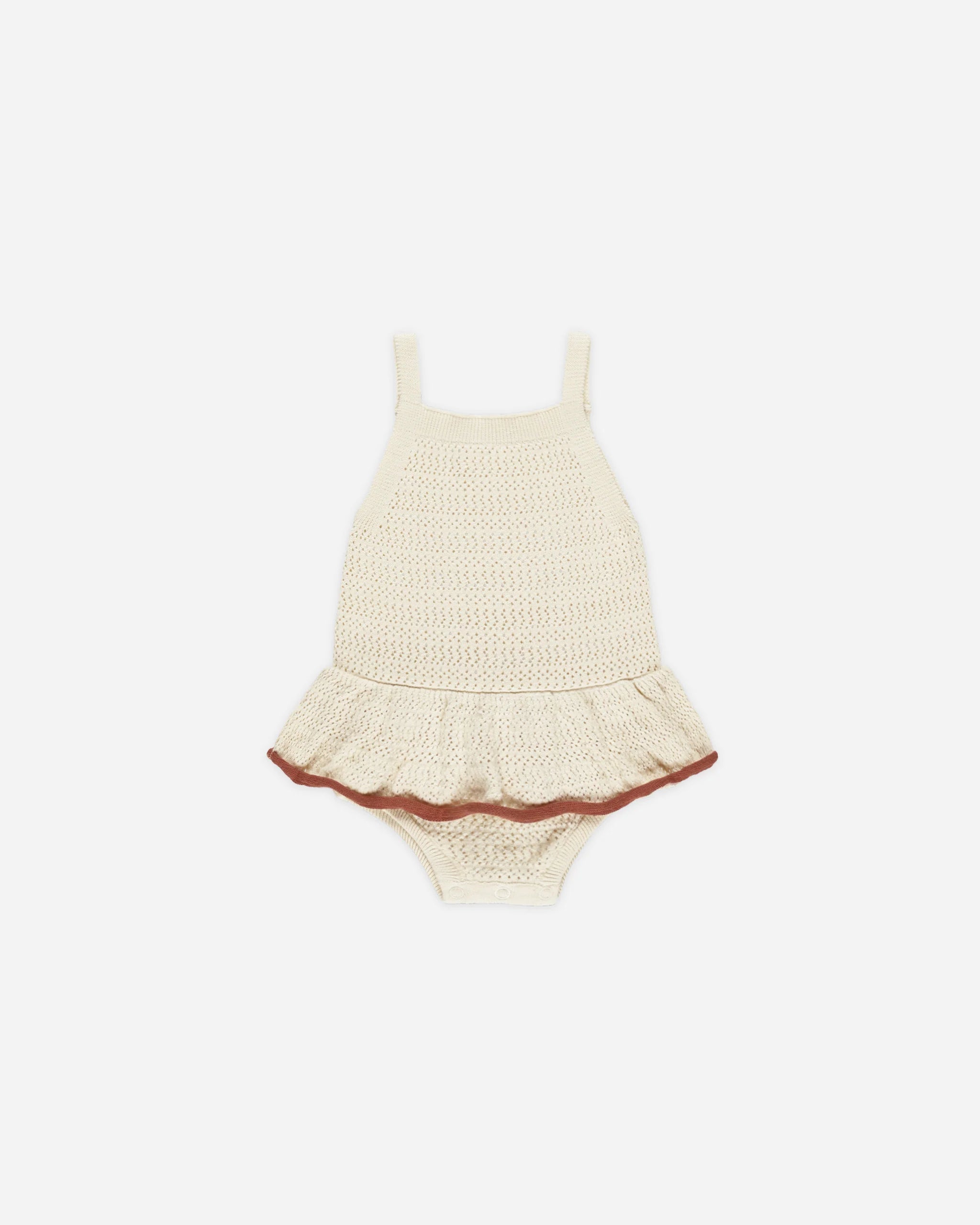 Rylee + Cru Crochet Ruffle Romper || Natural