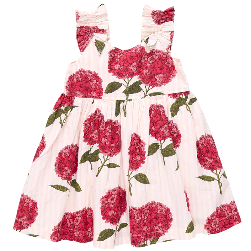 Girls Via Dress - Pink Stripe Hydrangeas