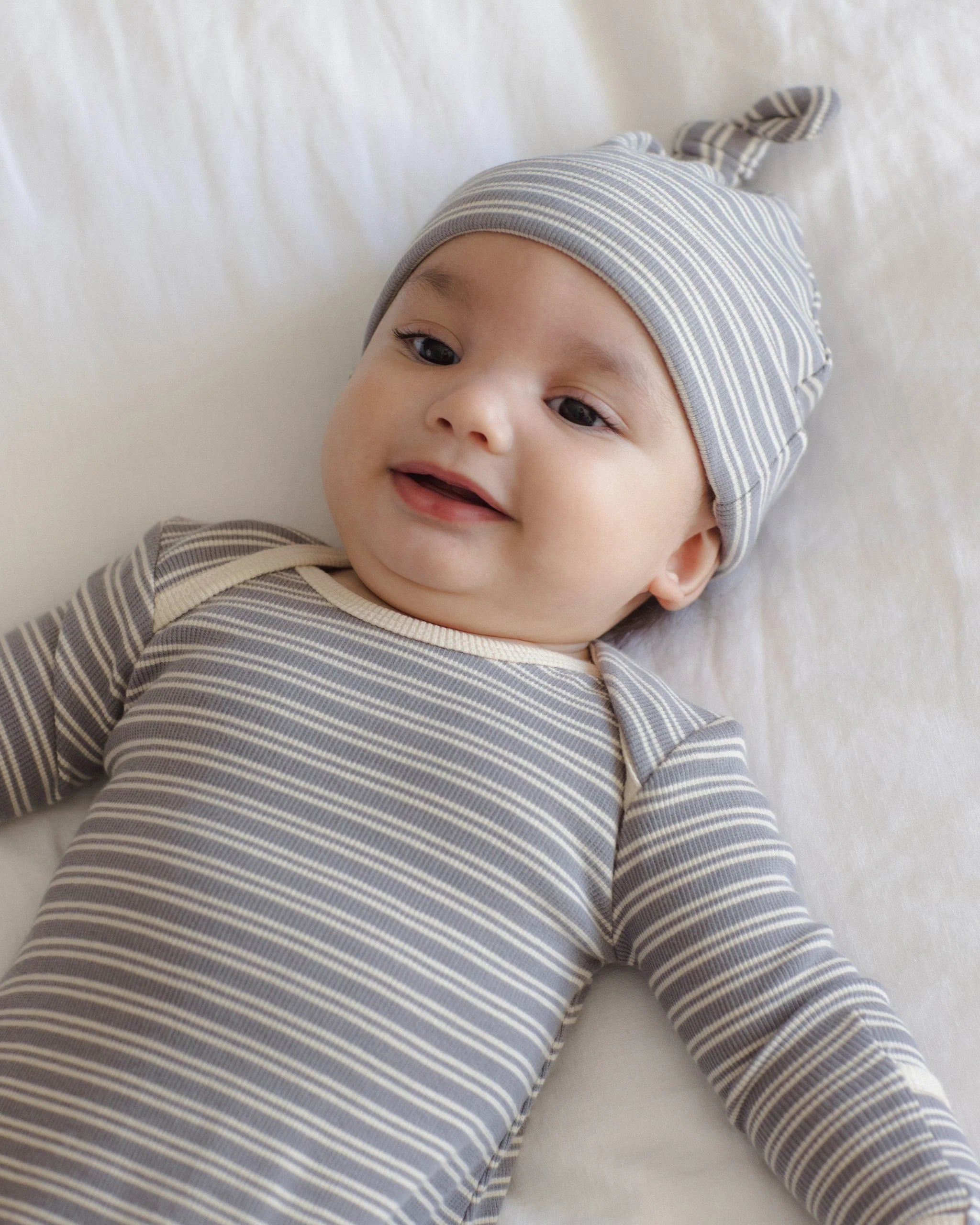Knotted Baby Gown + Hat Set || Slate Microstripe