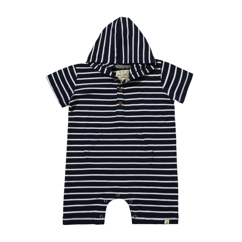 Striped Hooded Romper Navy and White