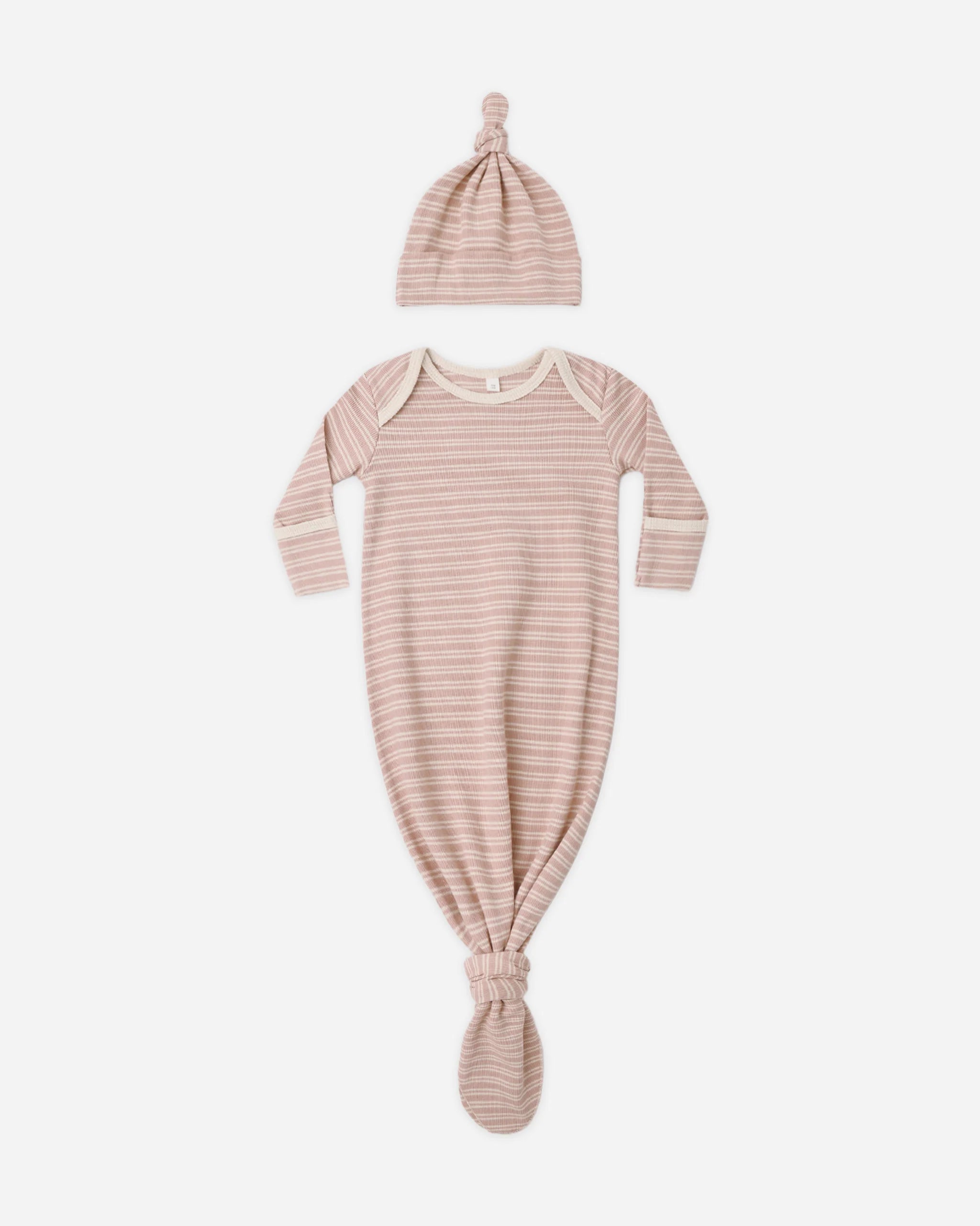 Quincy Mae Knotted Baby Gown + Hat Set || Dusty Rose Microstripe