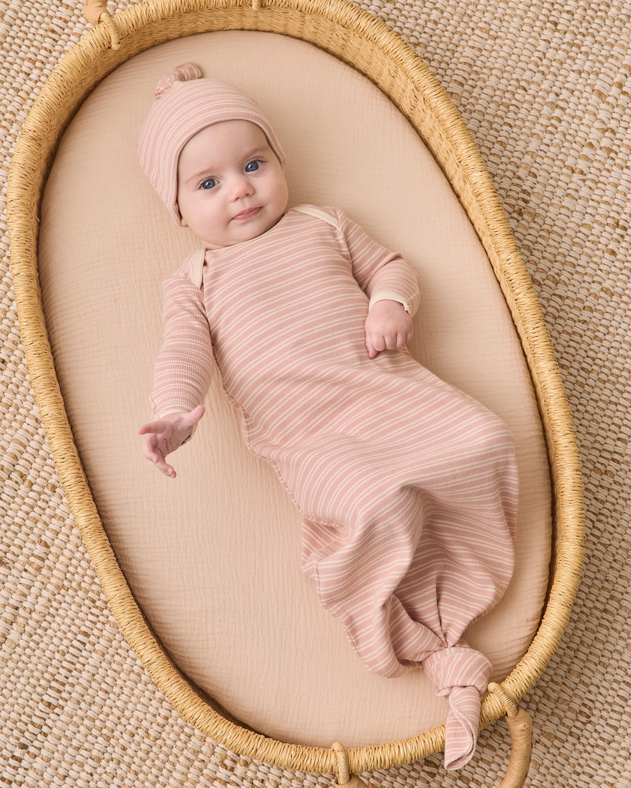 Quincy Mae Knotted Baby Gown + Hat Set || Dusty Rose Microstripe