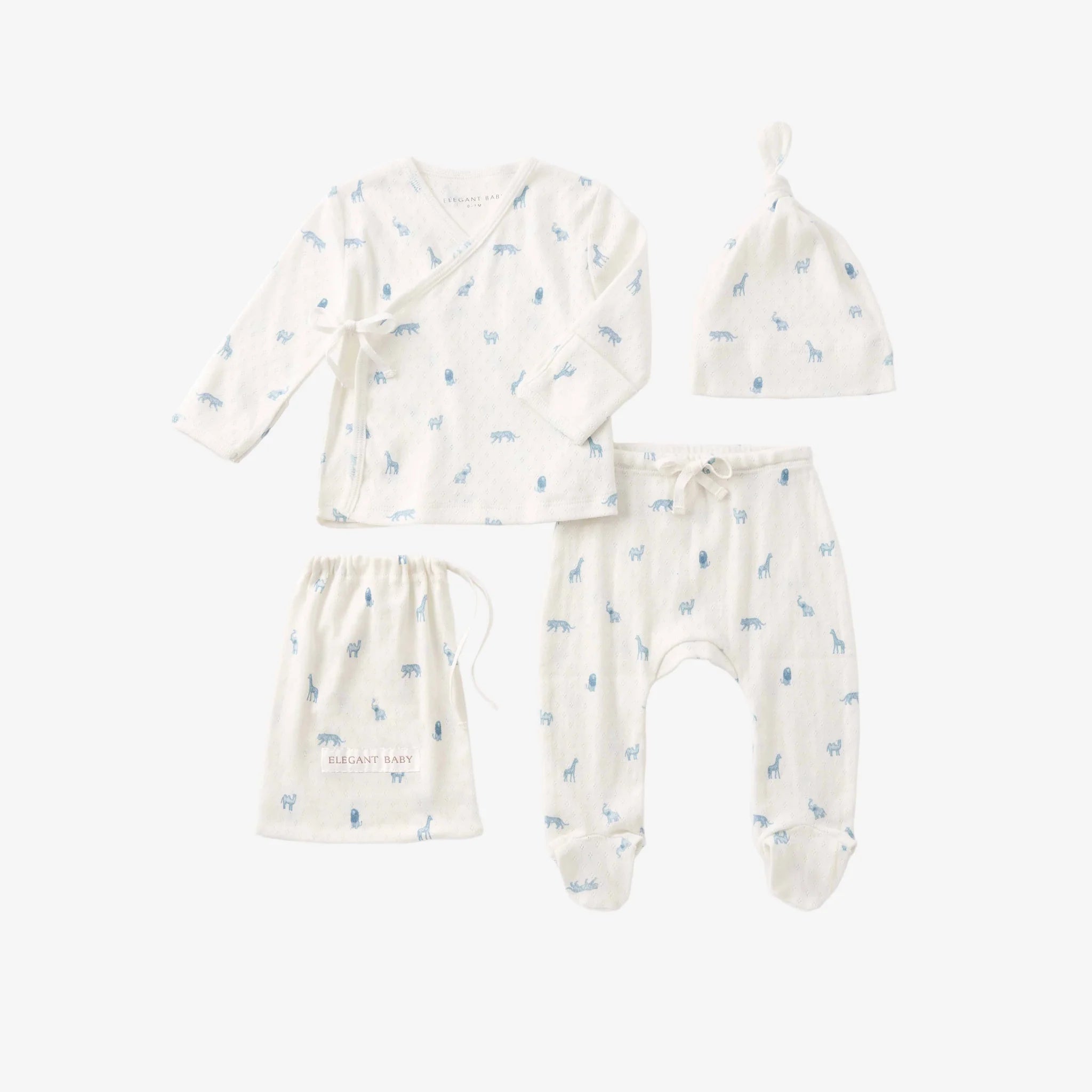 Blue Safari Print Organic Cotton Pointelle Layette 3 Pc Gift Set