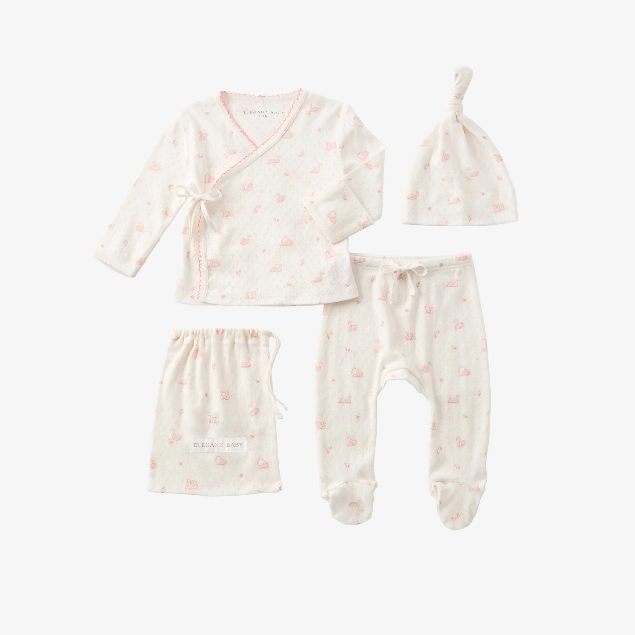 Pink Swan Print Organic Cotton Pointelle Layette 3 Pc Gift Set