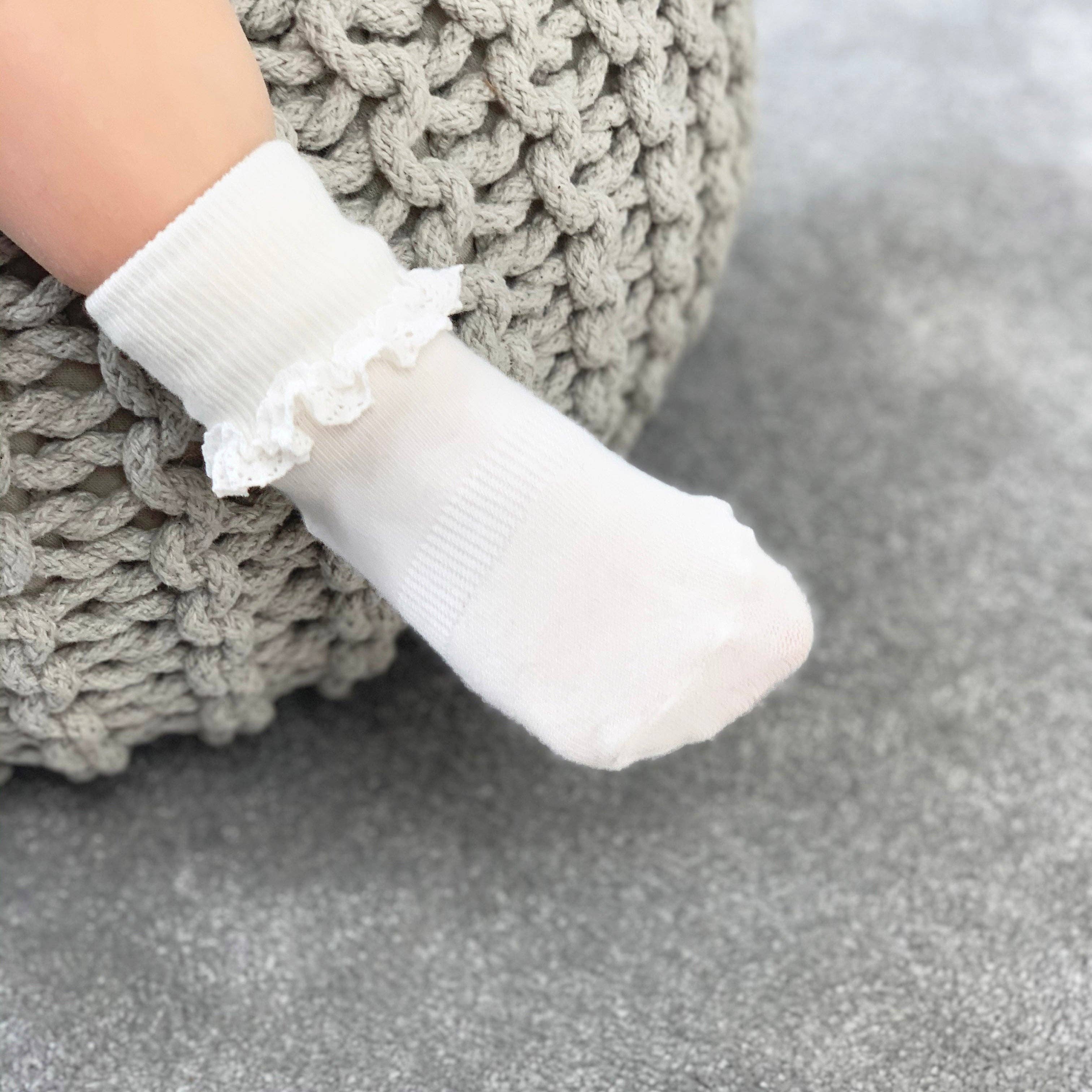Frilly Non-Slip Stay-On Baby and Toddler Socks || Pearl White