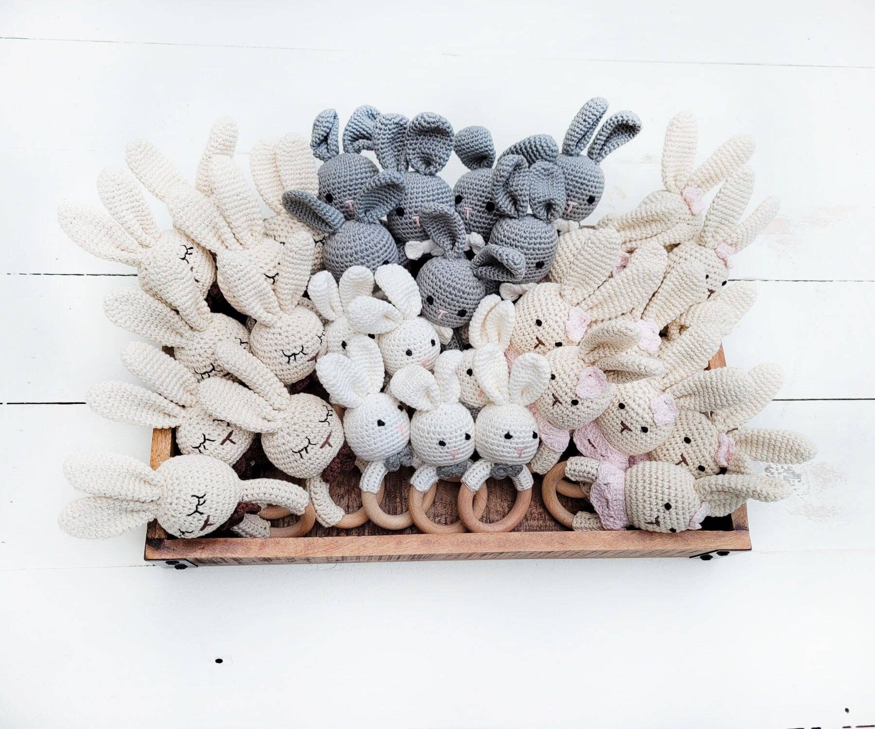 Natural Cotton Crochet Bunny Rattle: Tan Sleepy Bunny