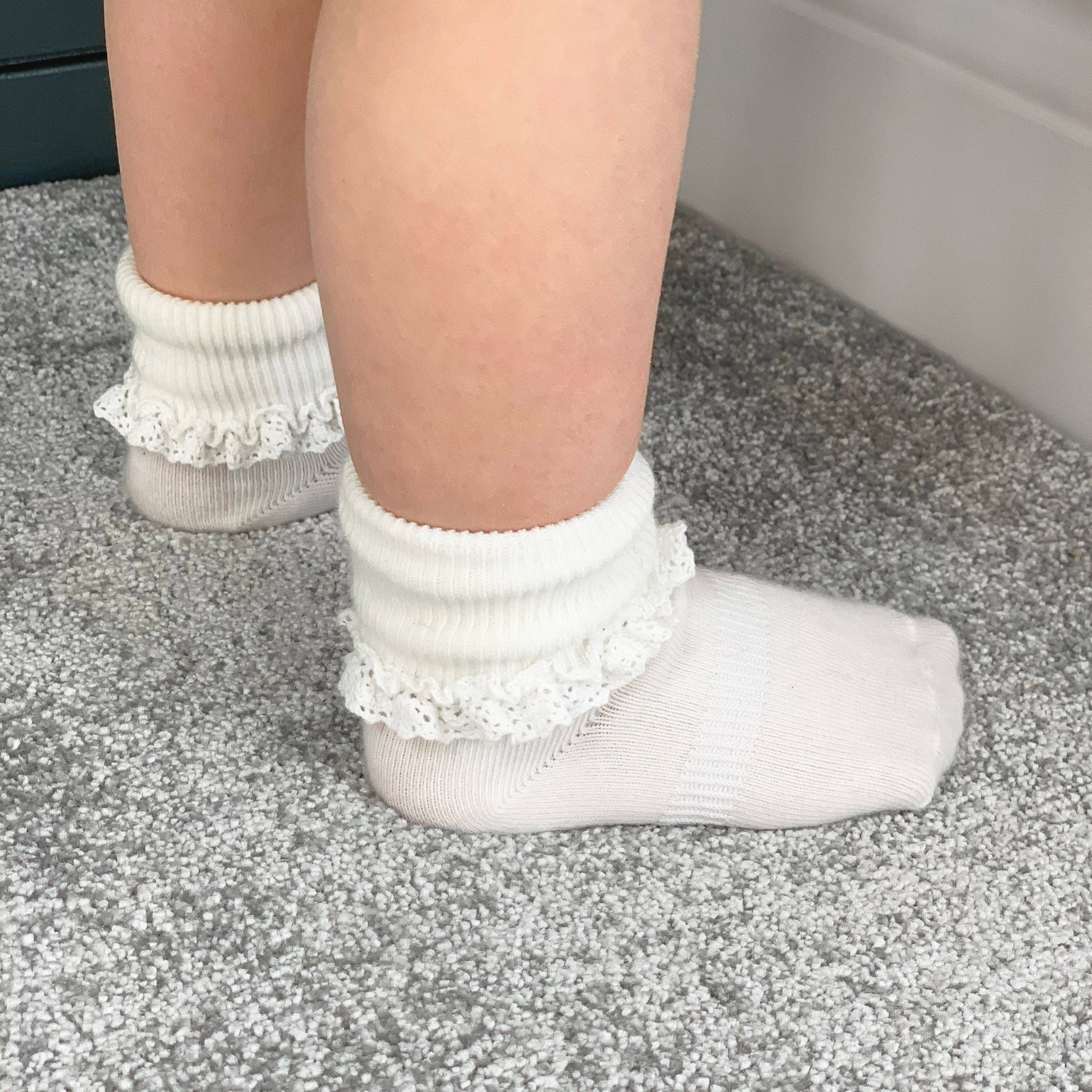 Frilly Non-Slip Stay-On Baby and Toddler Socks || Pearl White