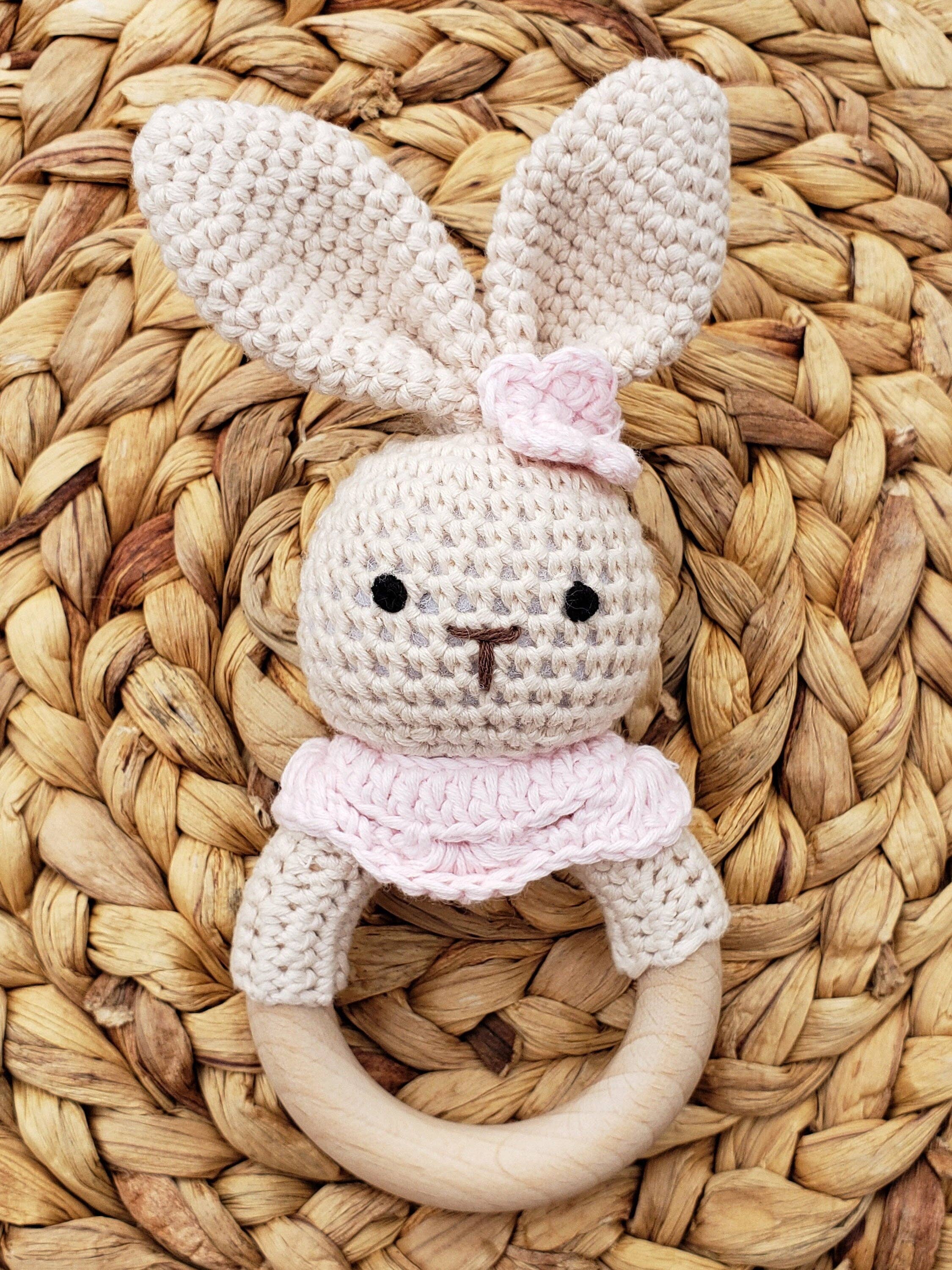 Natural Cotton Crochet Bunny Rattle: Tan Sleepy Bunny