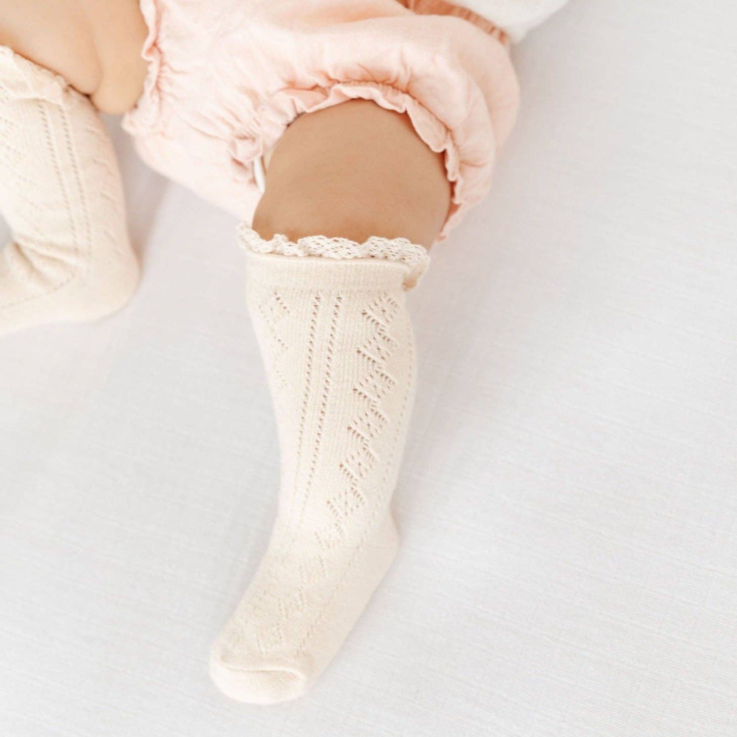 Little Stocking Co Fancy Lace Top Knee High Socks || Vanilla