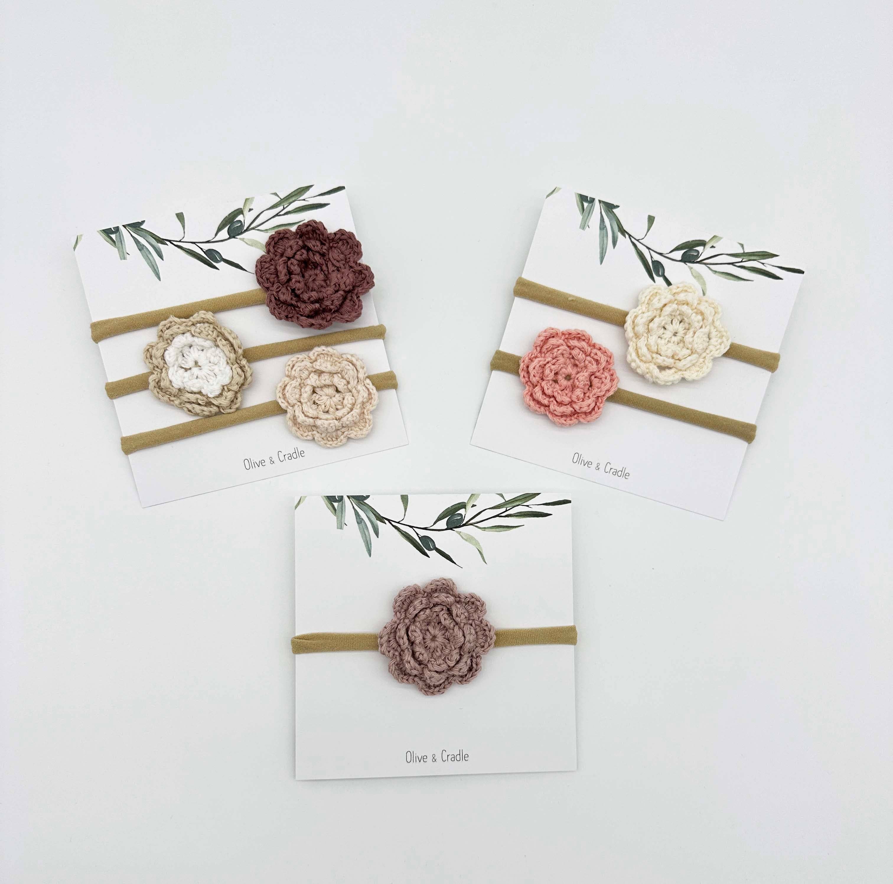 Crochet Flower Headband: Taupe & White Single Flower