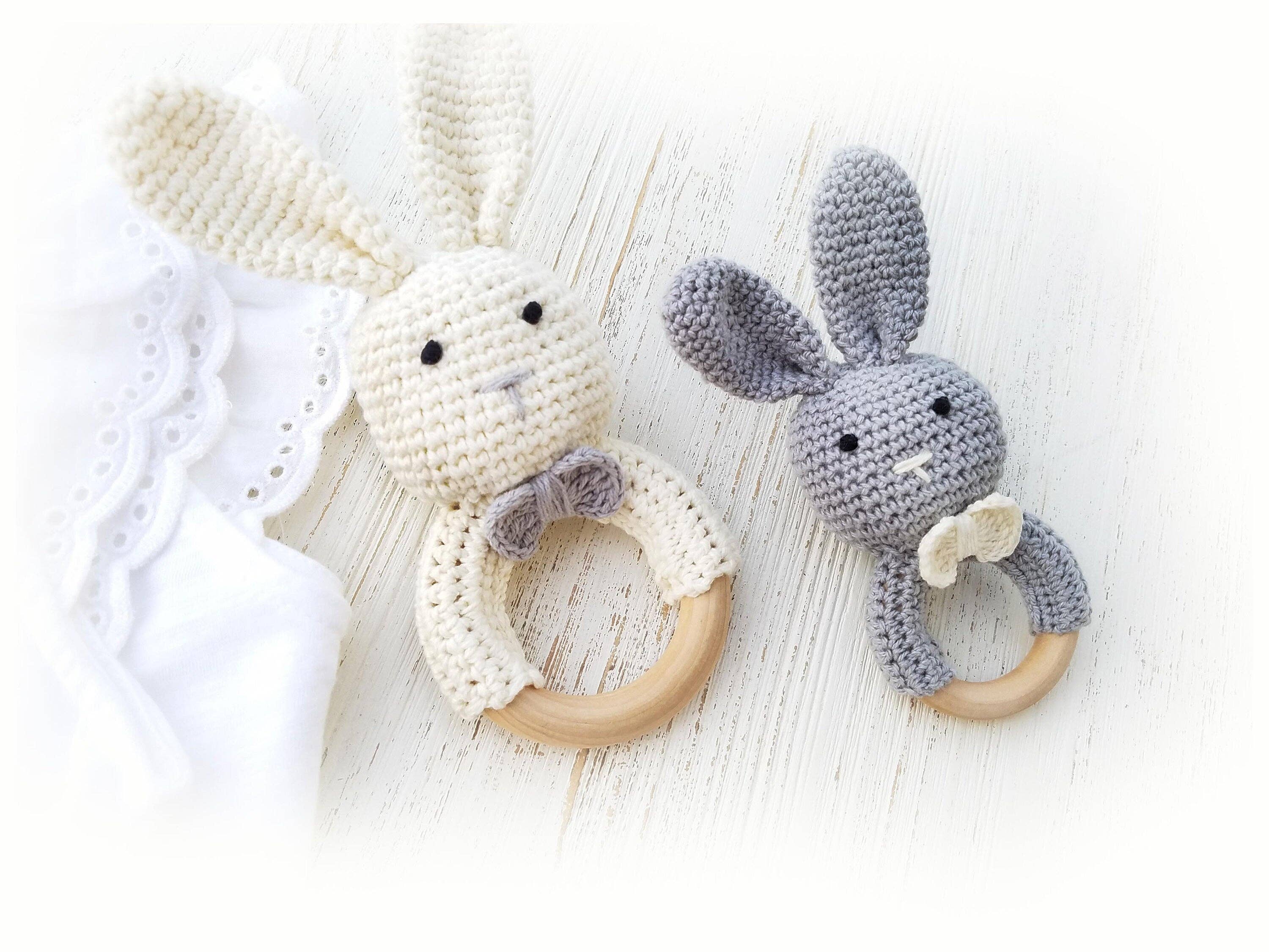 Natural Cotton Crochet Bunny Rattle: Tan Sleepy Bunny