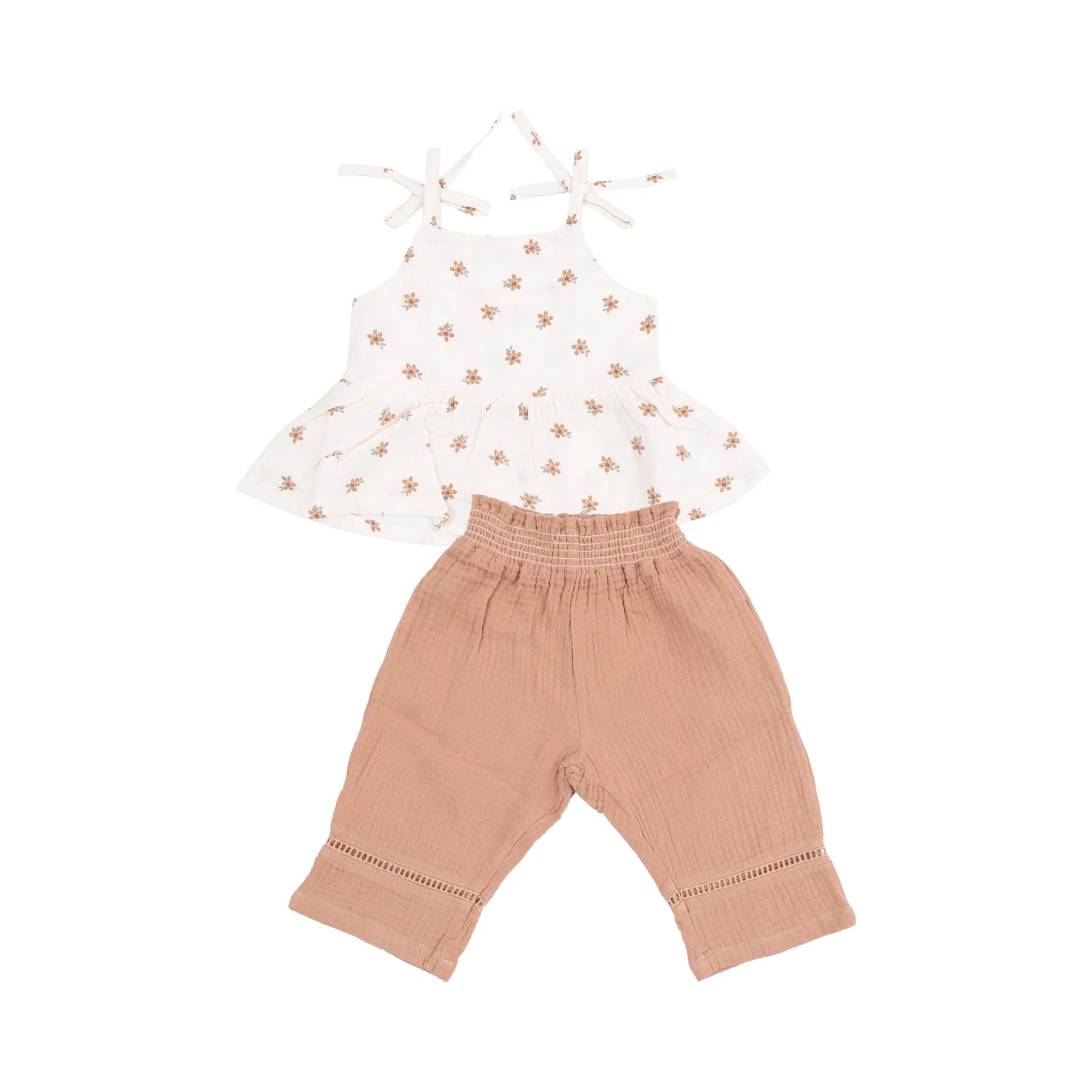 Peplum Tank with Smocked Back and Smocked Waist Pants with Ladder Trim || Bitty Blooms