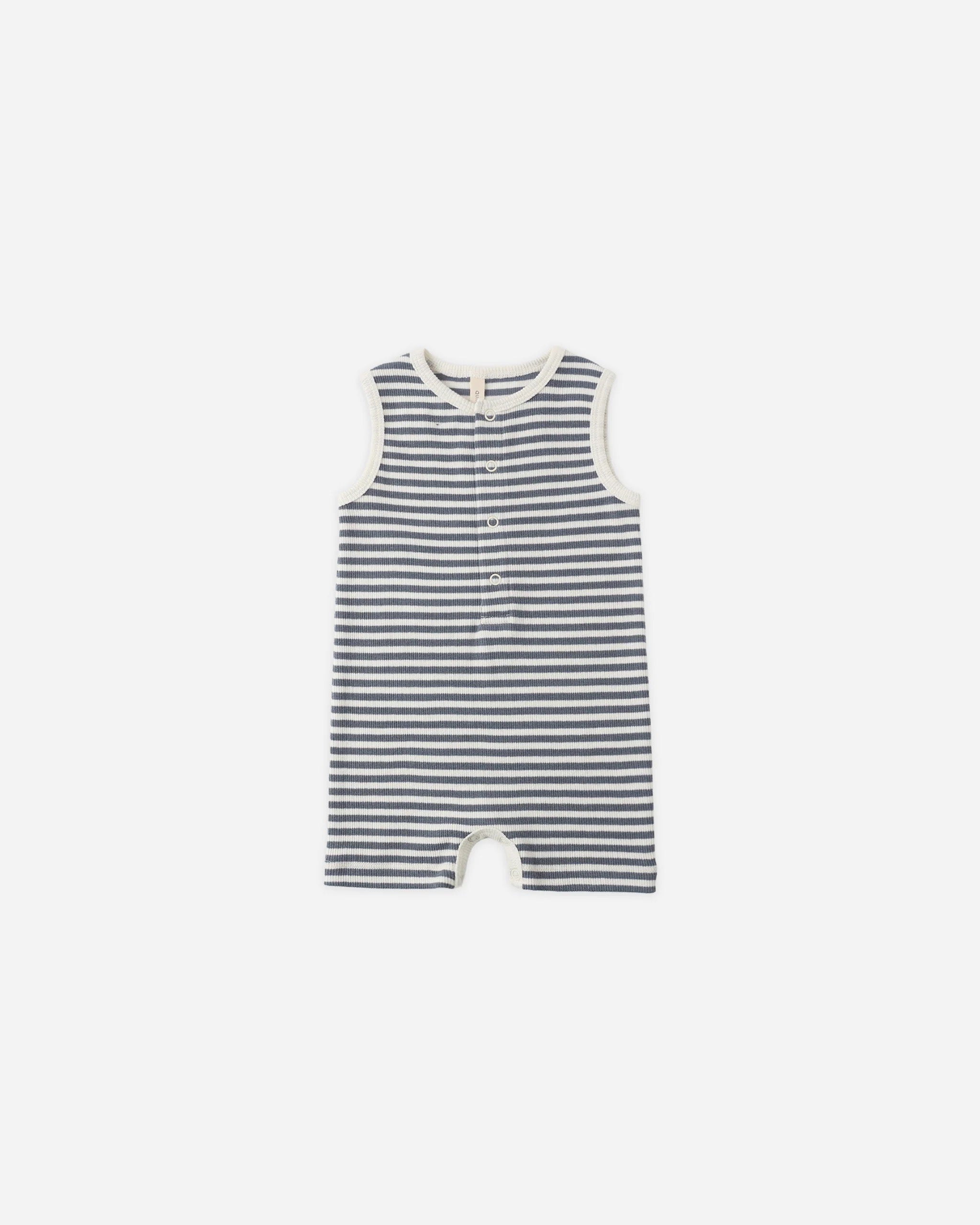 Quincy Mae Ribbed Henley Romper || Ocean Stripe