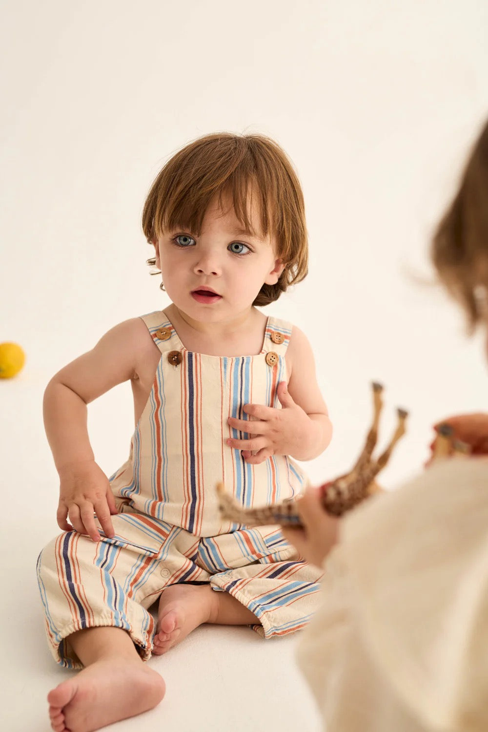 Striped Cotton Baby Overalls || Ivory