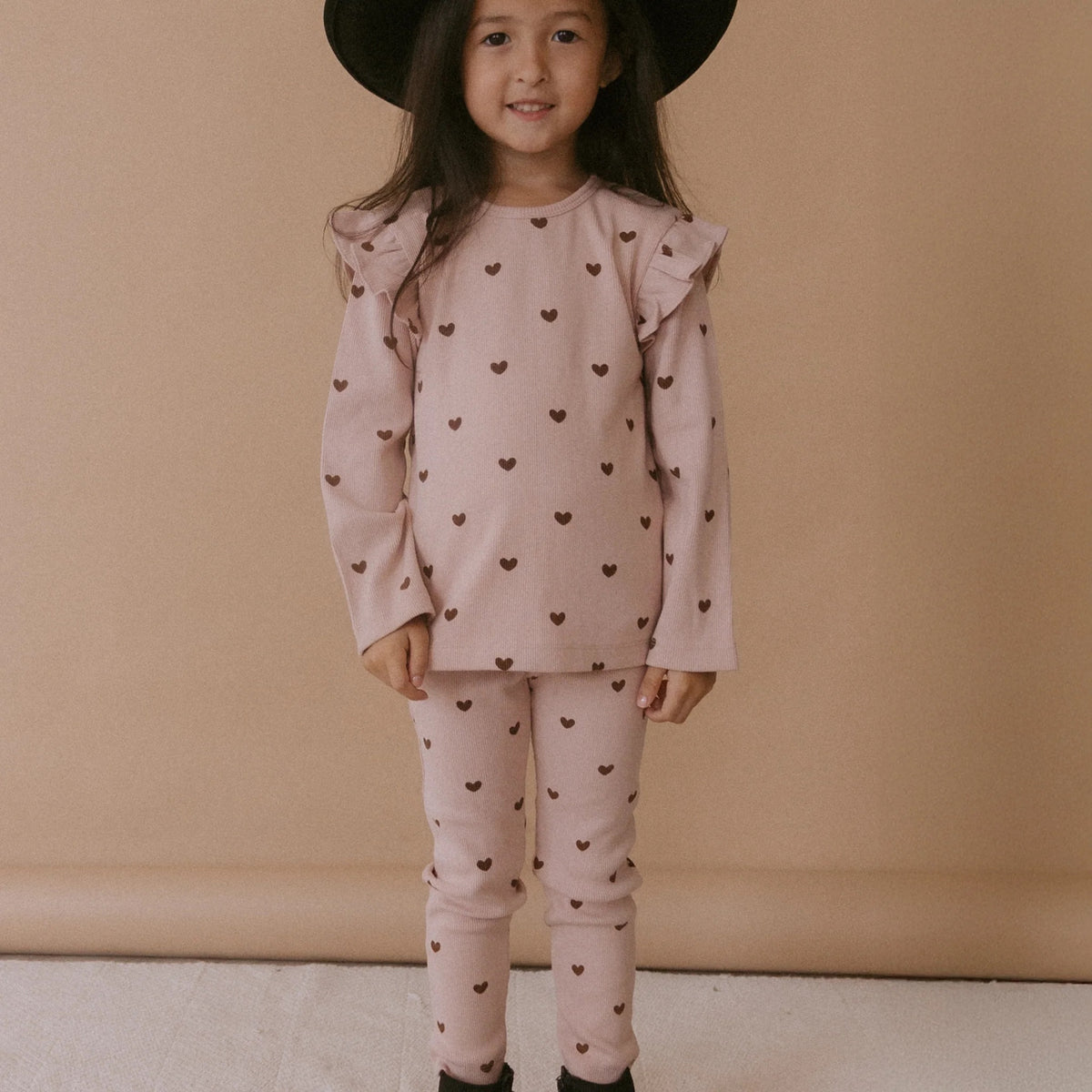 Organic Ruffle Long Sleeve Top - Set of Two- Hearts & Dusty Rose