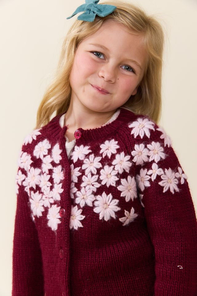 Pink Chicken Knit Embroidered Cardigan || Burgundy