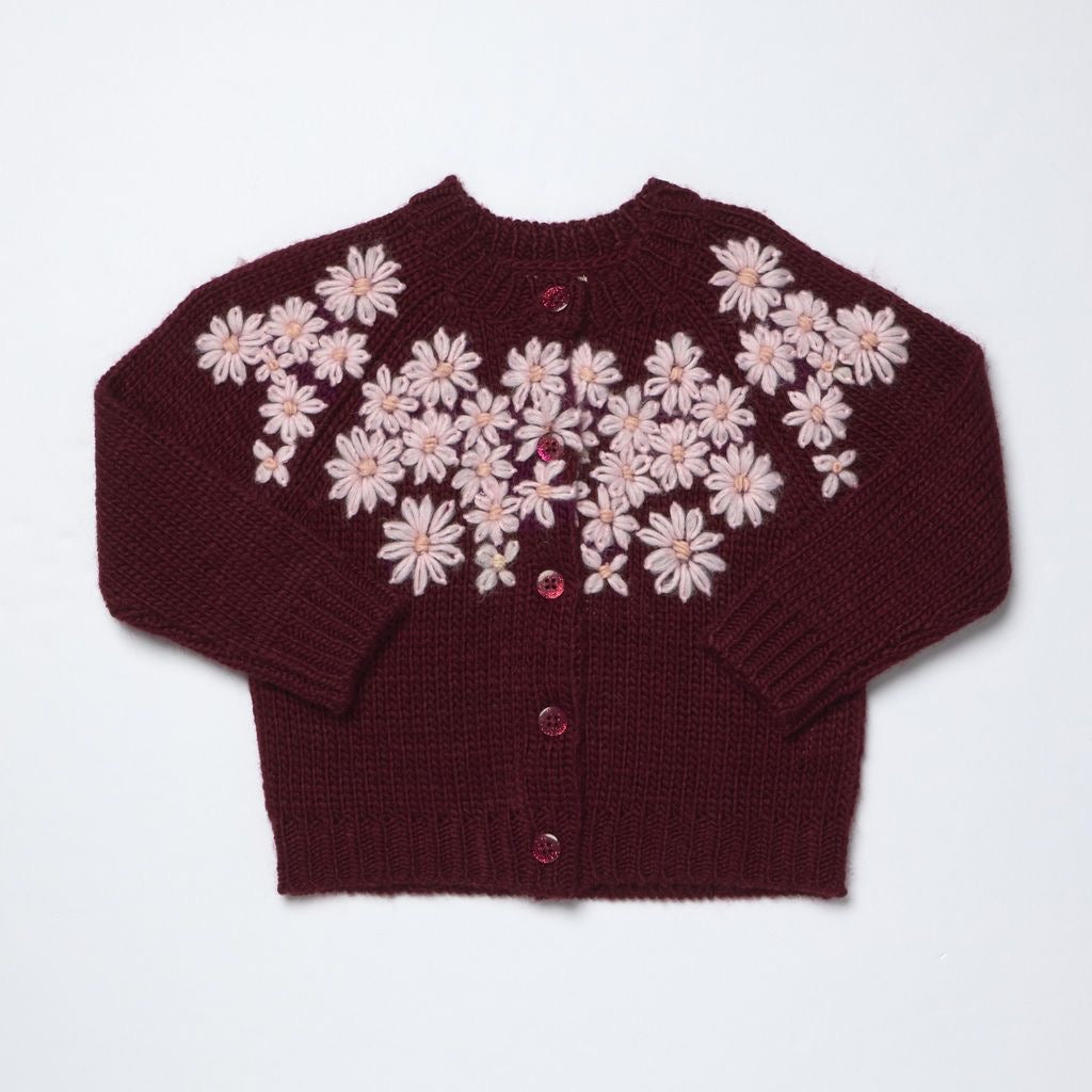 Pink Chicken Knit Embroidered Cardigan || Burgundy