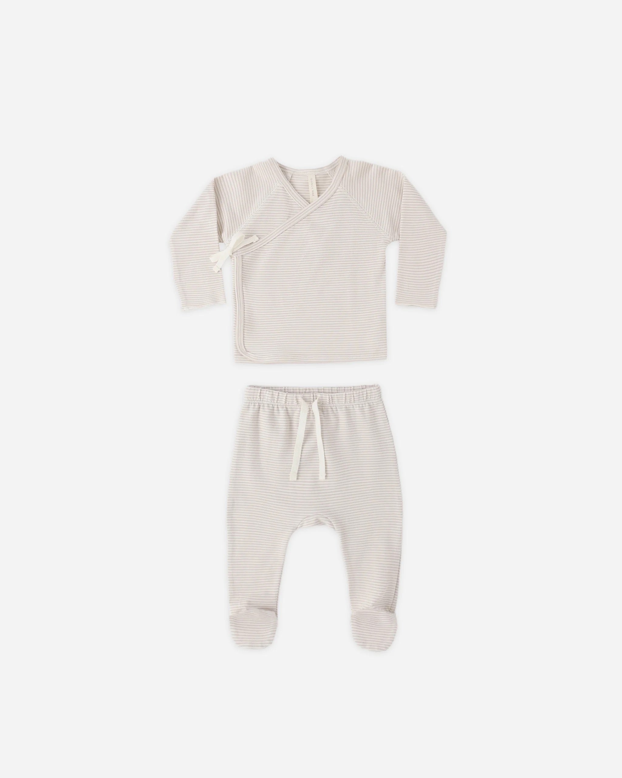 Quincy Mae Wrap Top + Footed Pant Set || Oat Micro Stripe