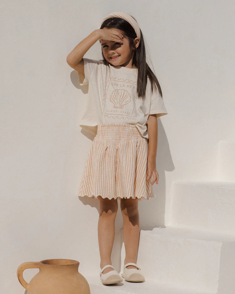 Rylee + Cru Smocked V Mini Skirt || Grapefruit Stripe
