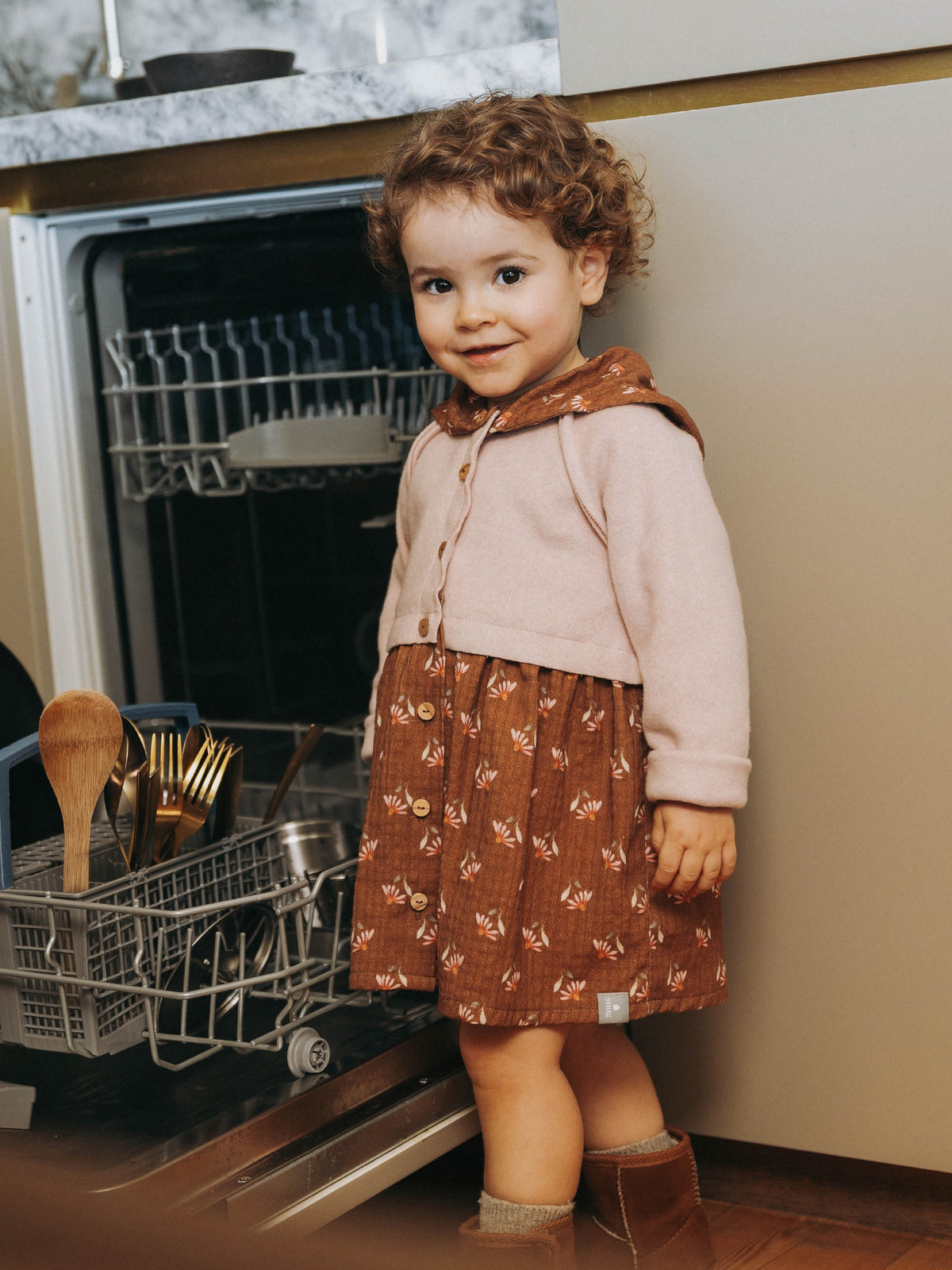 Snug Fleece Dress with Flowers || Almond