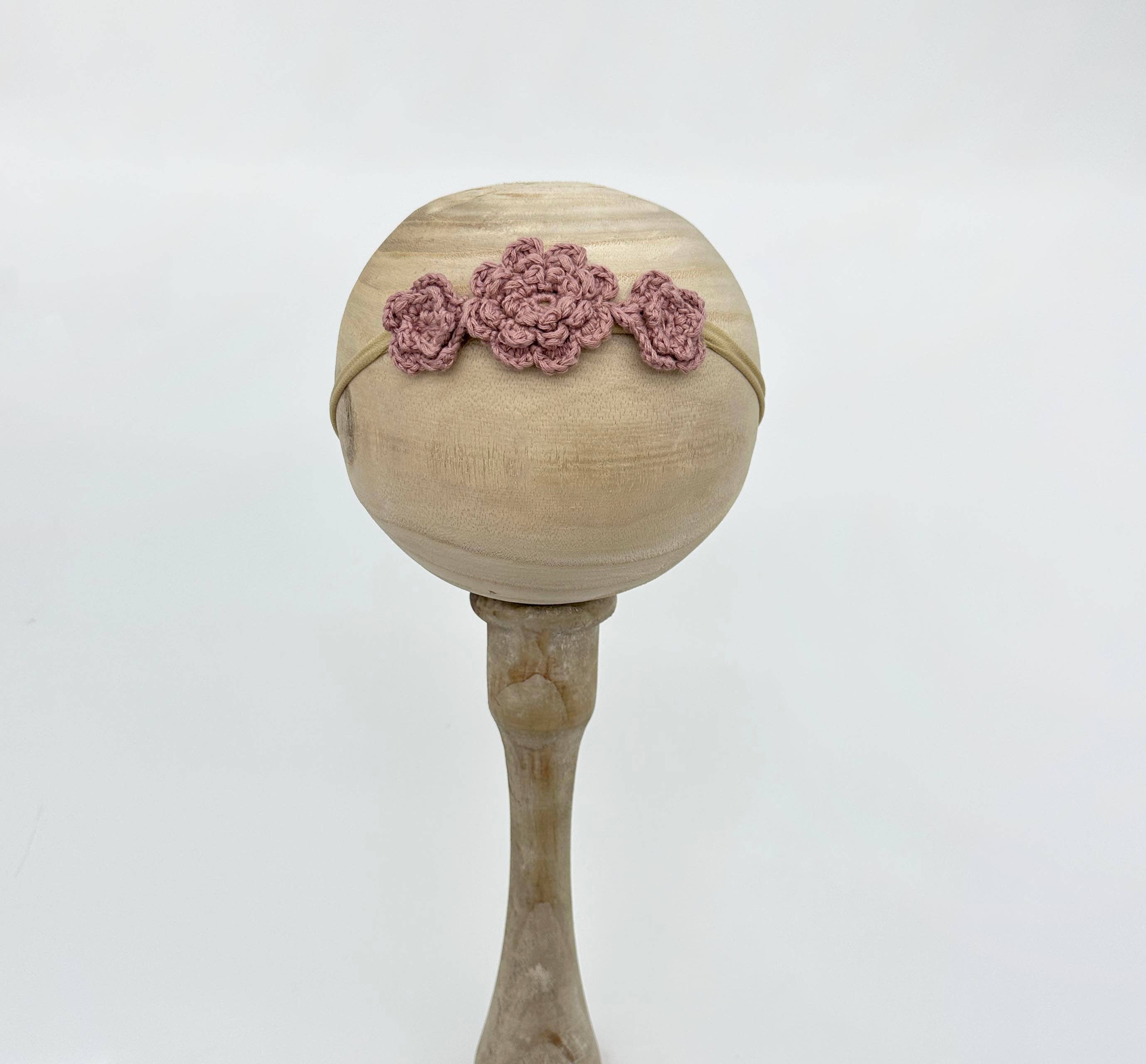 Crochet Flower Headband: Taupe & White Single Flower