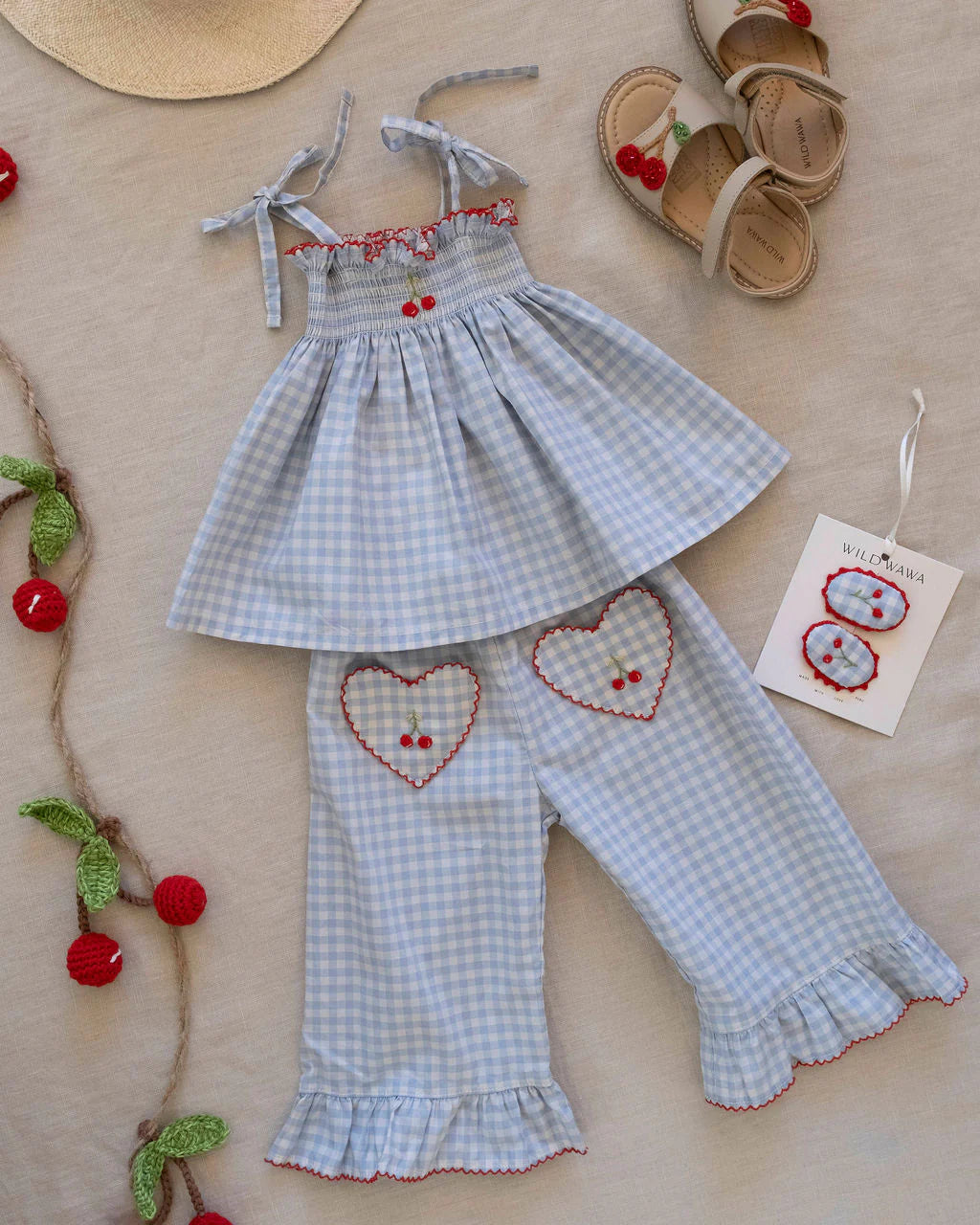 Wild Wawa Ruffle Pant Set || Blue Gingham/Cherry