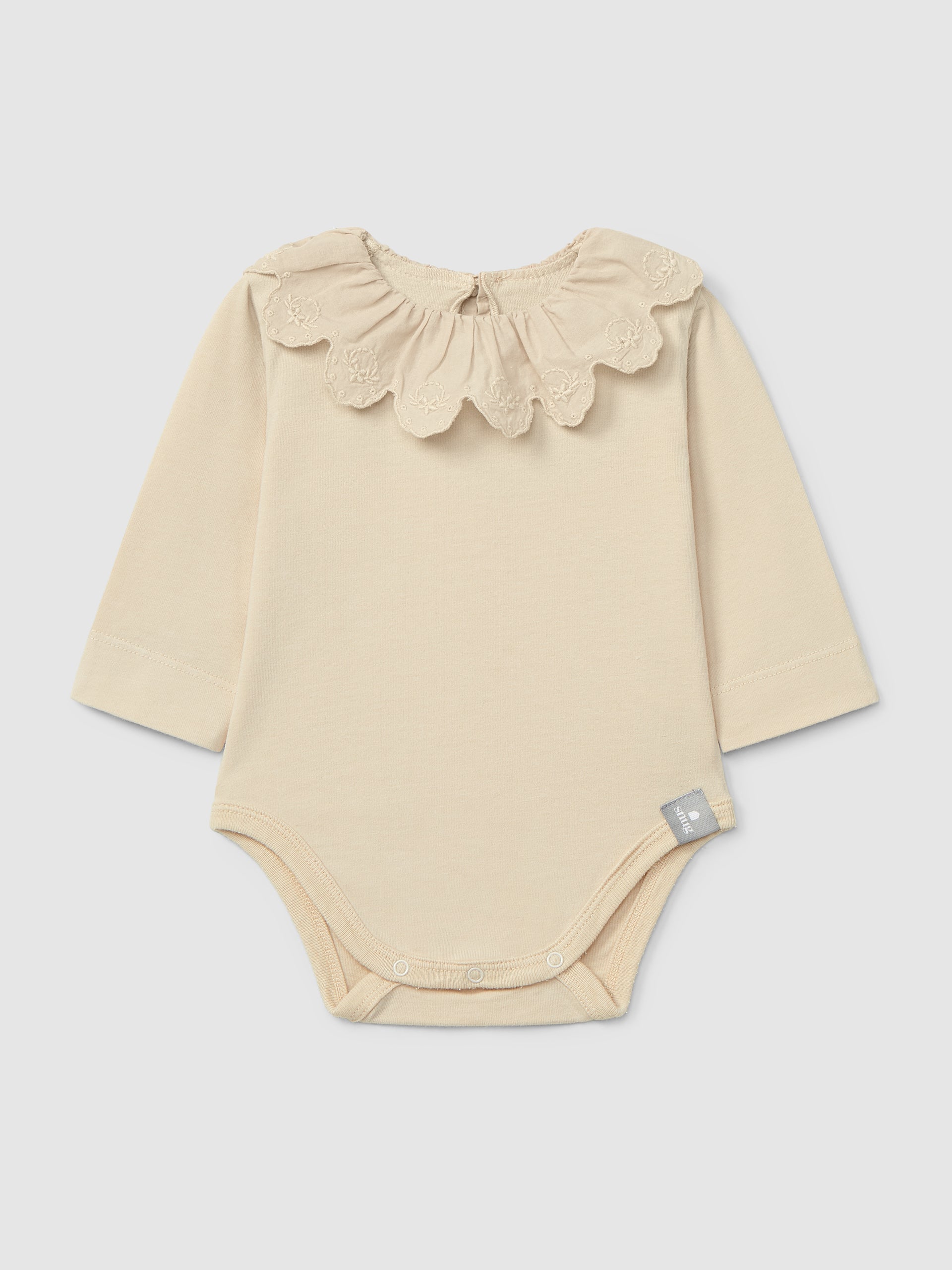 Snug Organic Cotton Bodysuit with Ruffled Collar English Embroidery || Beige