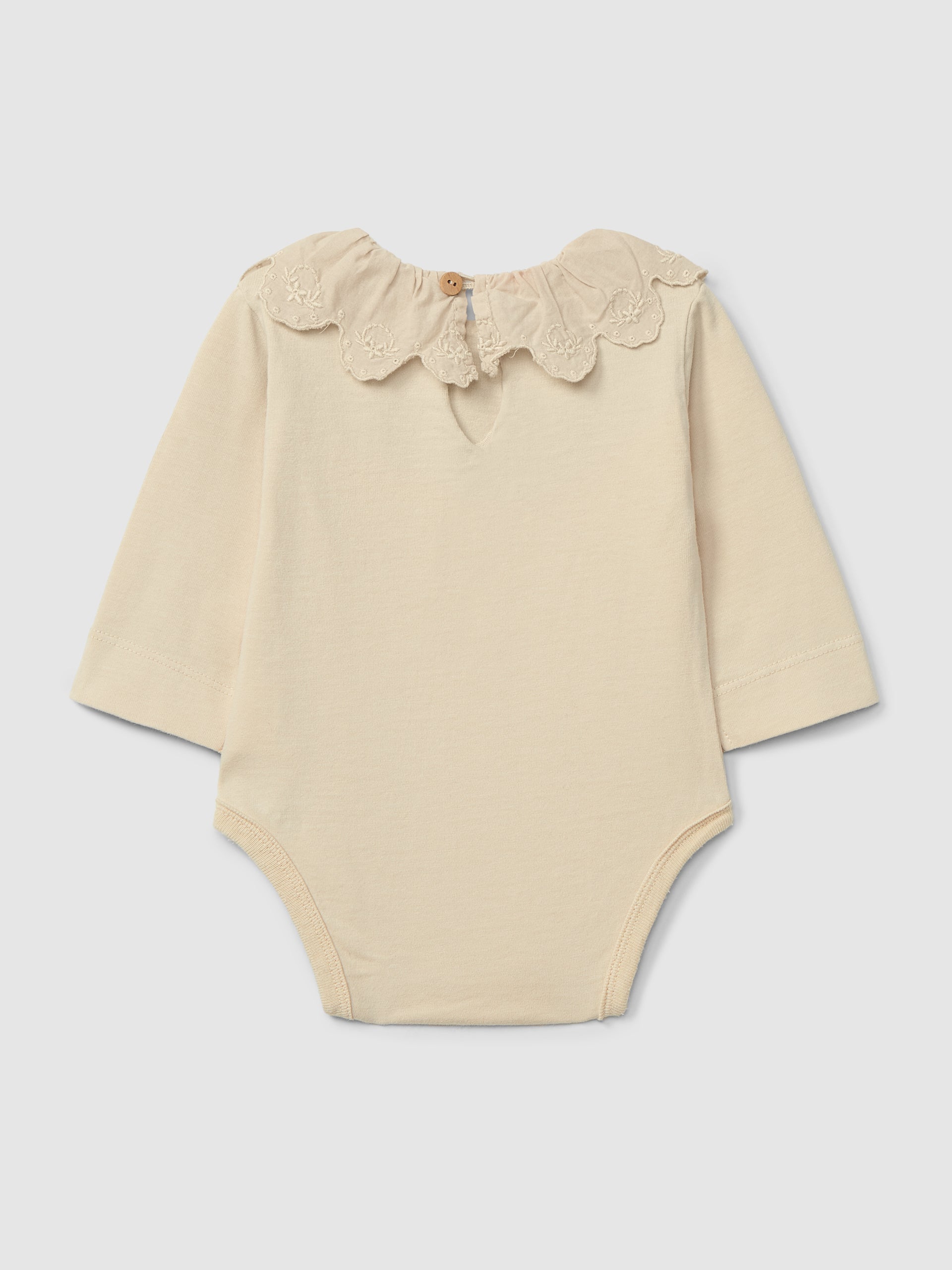 Snug Organic Cotton Bodysuit with Ruffled Collar English Embroidery || Beige