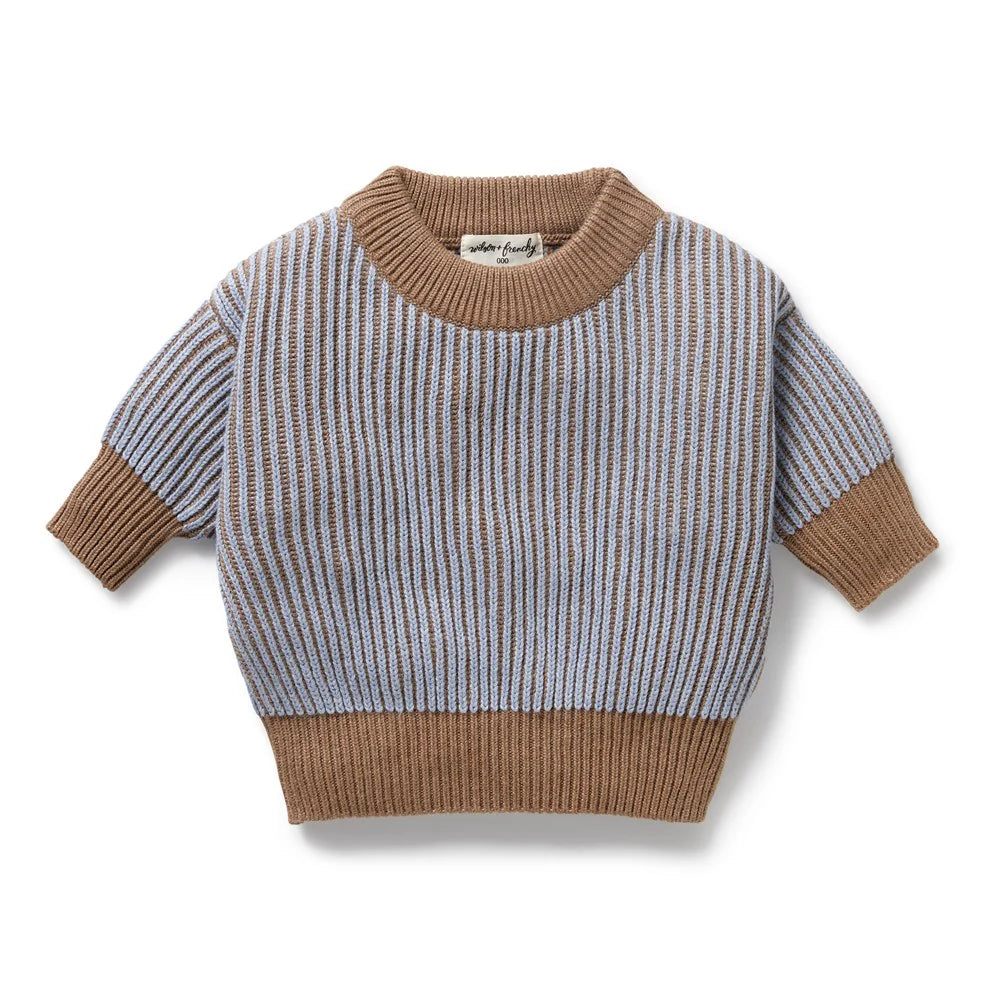 Coco Blue Speckle Organic Knitted Ribbed Sweater, Pant, and Beanie Set
