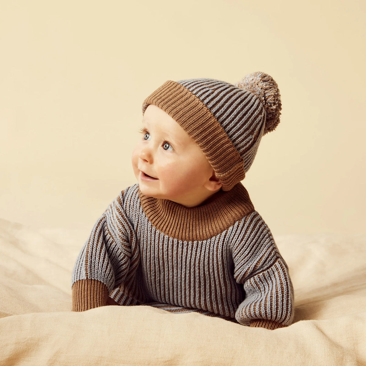 Coco Blue Speckle Organic Knitted Ribbed Sweater, Pant, and Beanie Set