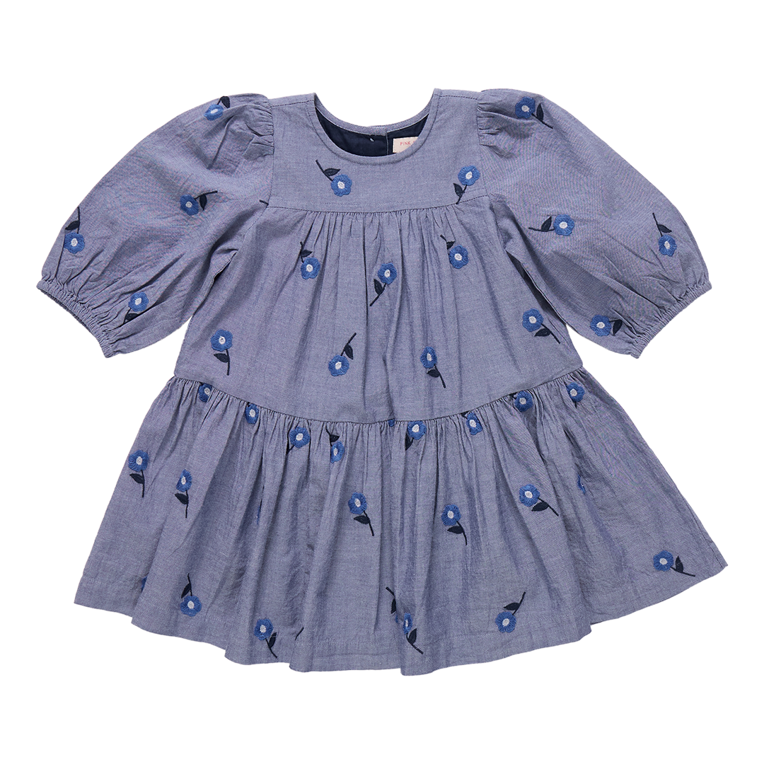 Girls Fiona Dress || Blue Blossom Embroidery