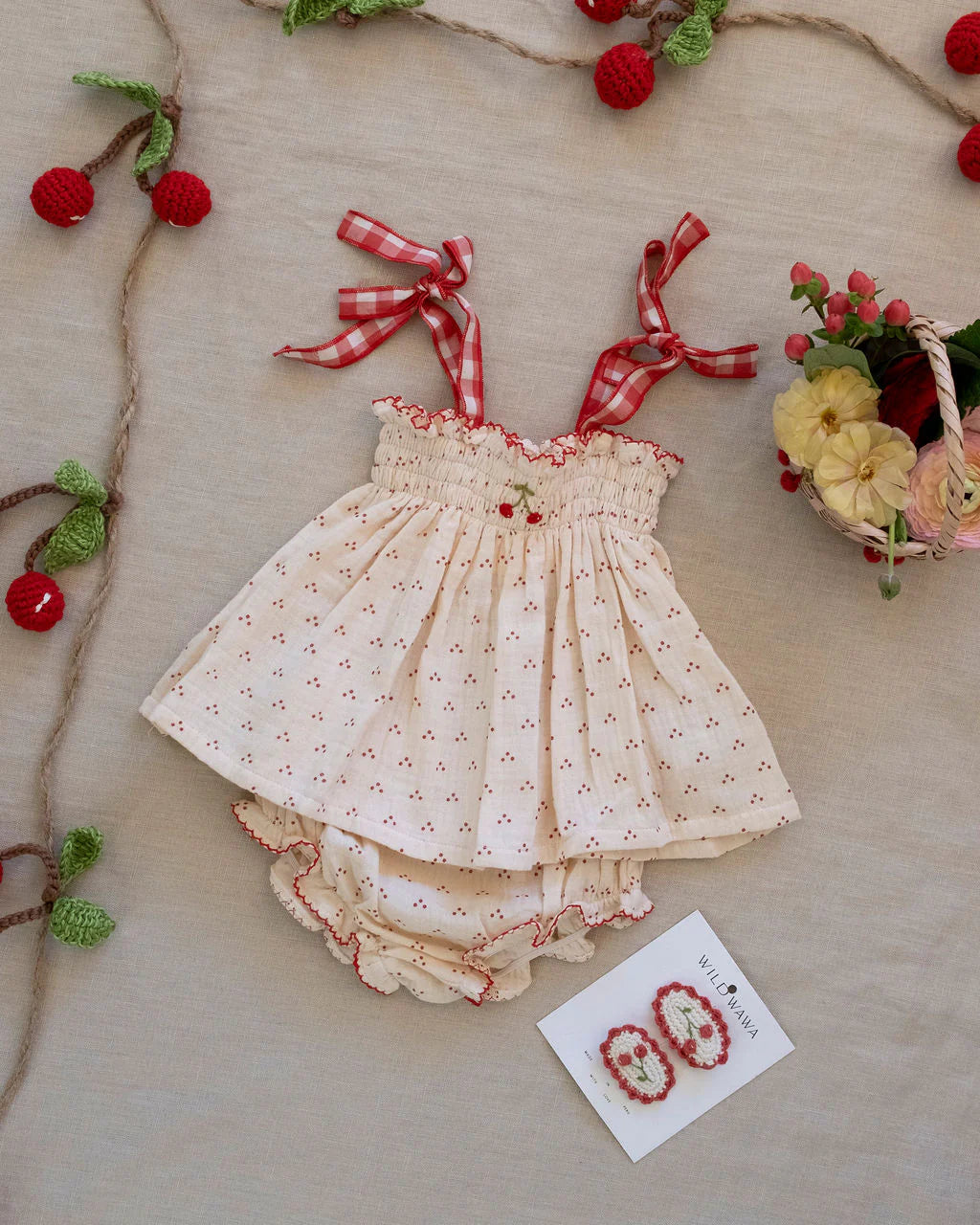 Wild Wawa Embroidered Smock Set || Red Dot/Cherry